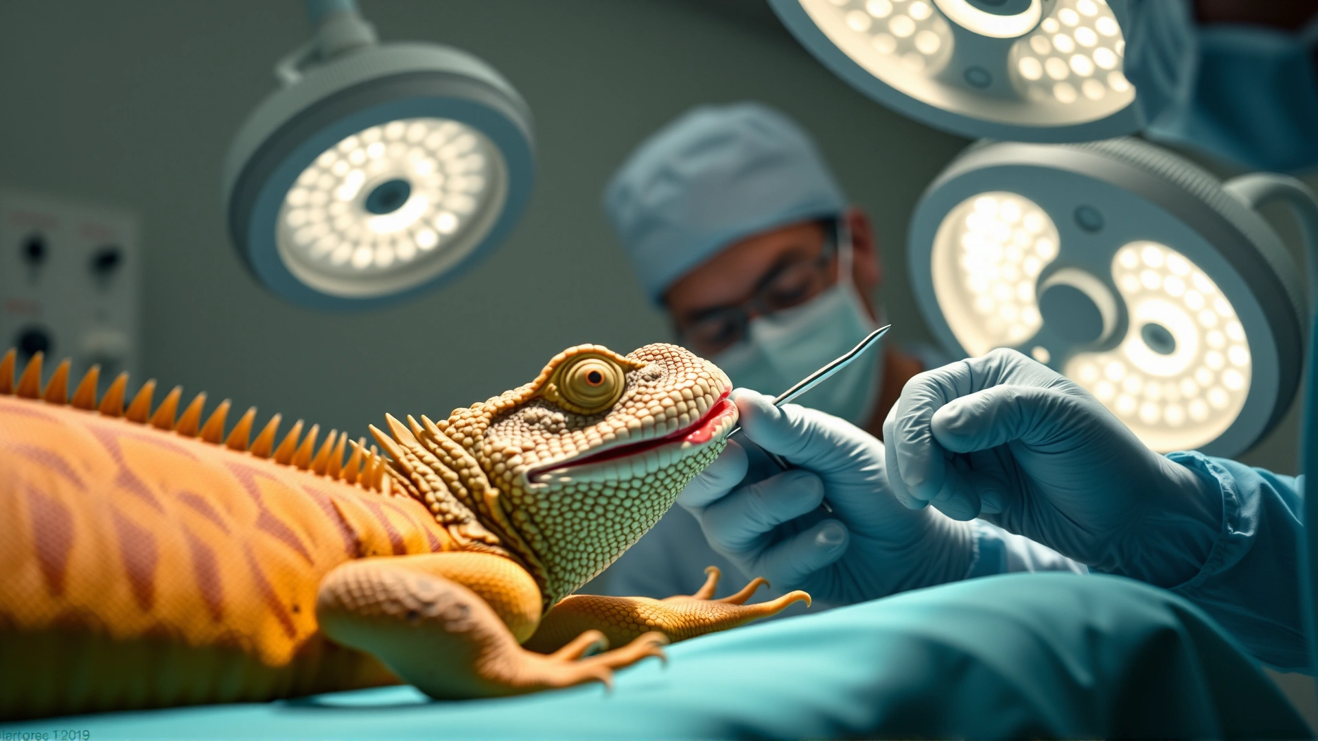 Surgical scene with a reptile under anesthesia; a vet suturing a small incision under bright surgical lamps.