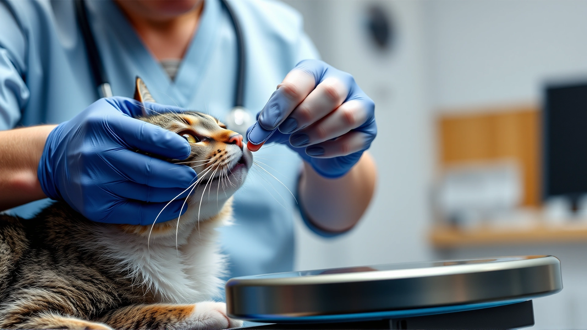 Veterinarian gently placing a small pill into the mouth of a cooperative tabby cat on an examination table
