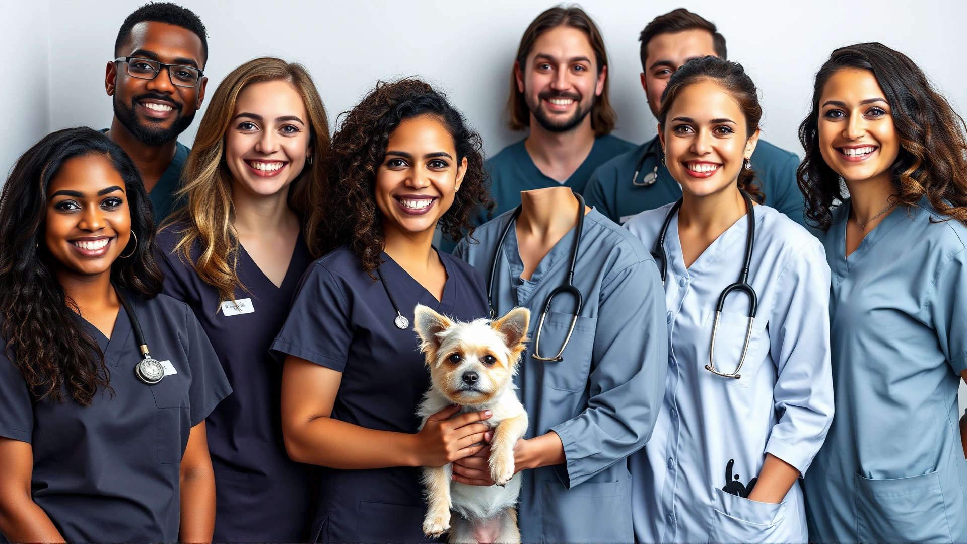 Group portrait of diverse veterinary technicians smiling in scrubs, standing with a small dog and a cat.