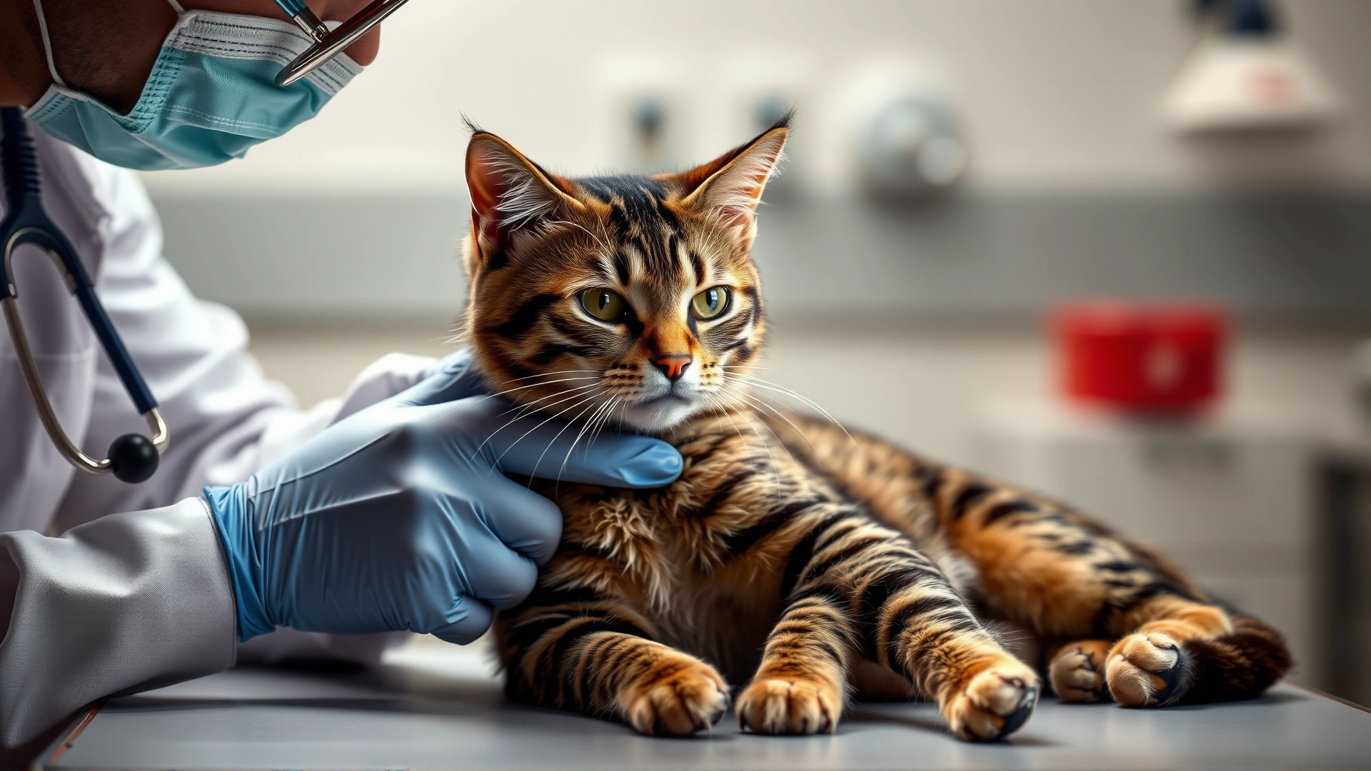 Veterinarian drawing blood from a calm tabby cat on an examination table to test for FIV antibodies