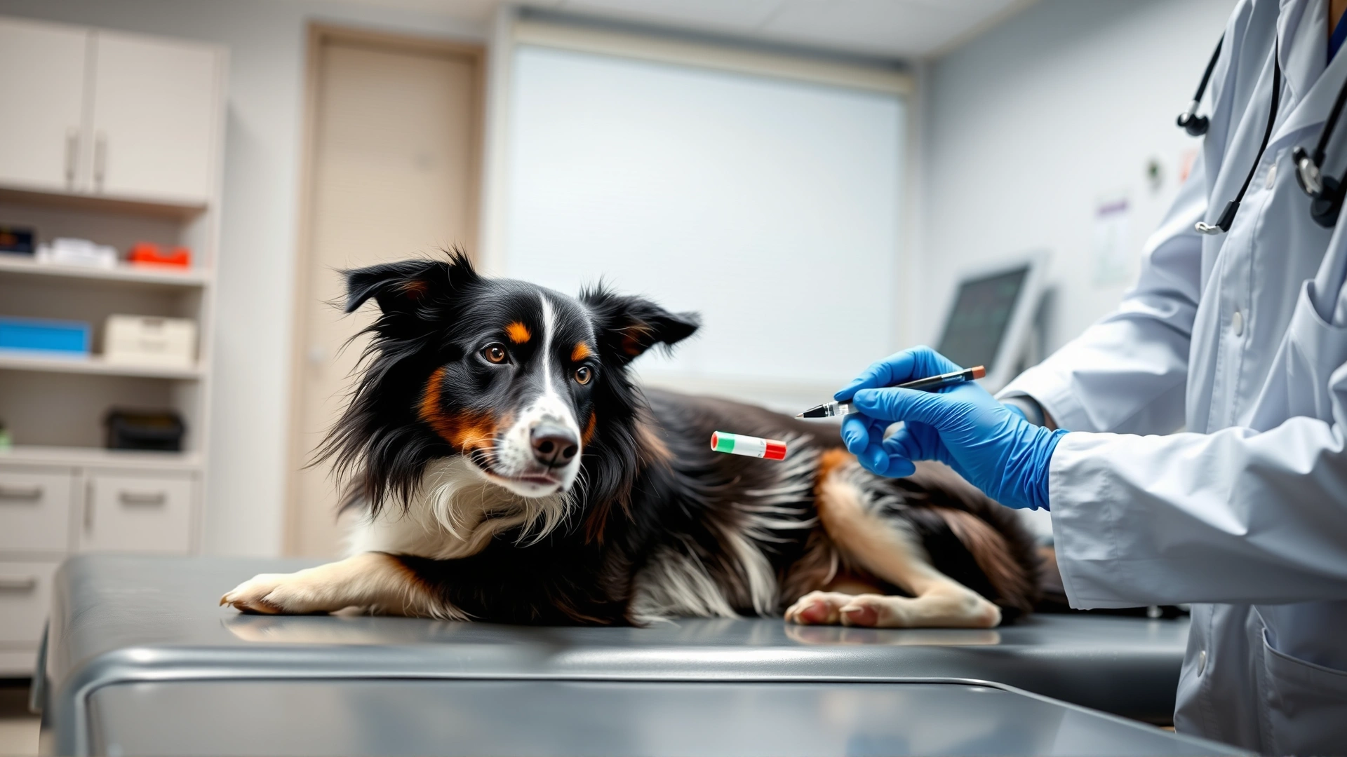 Veterinarian drawing a small blood sample from the foreleg of a calm Border Collie on an examination table, modern clinic setting