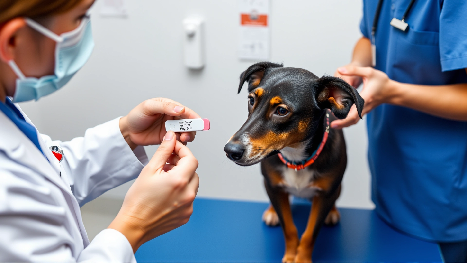 Veterinarian reviewing a heartworm antigen test result with a dog owner, holding a small test cassette while the dog sits calmly on the exam table.