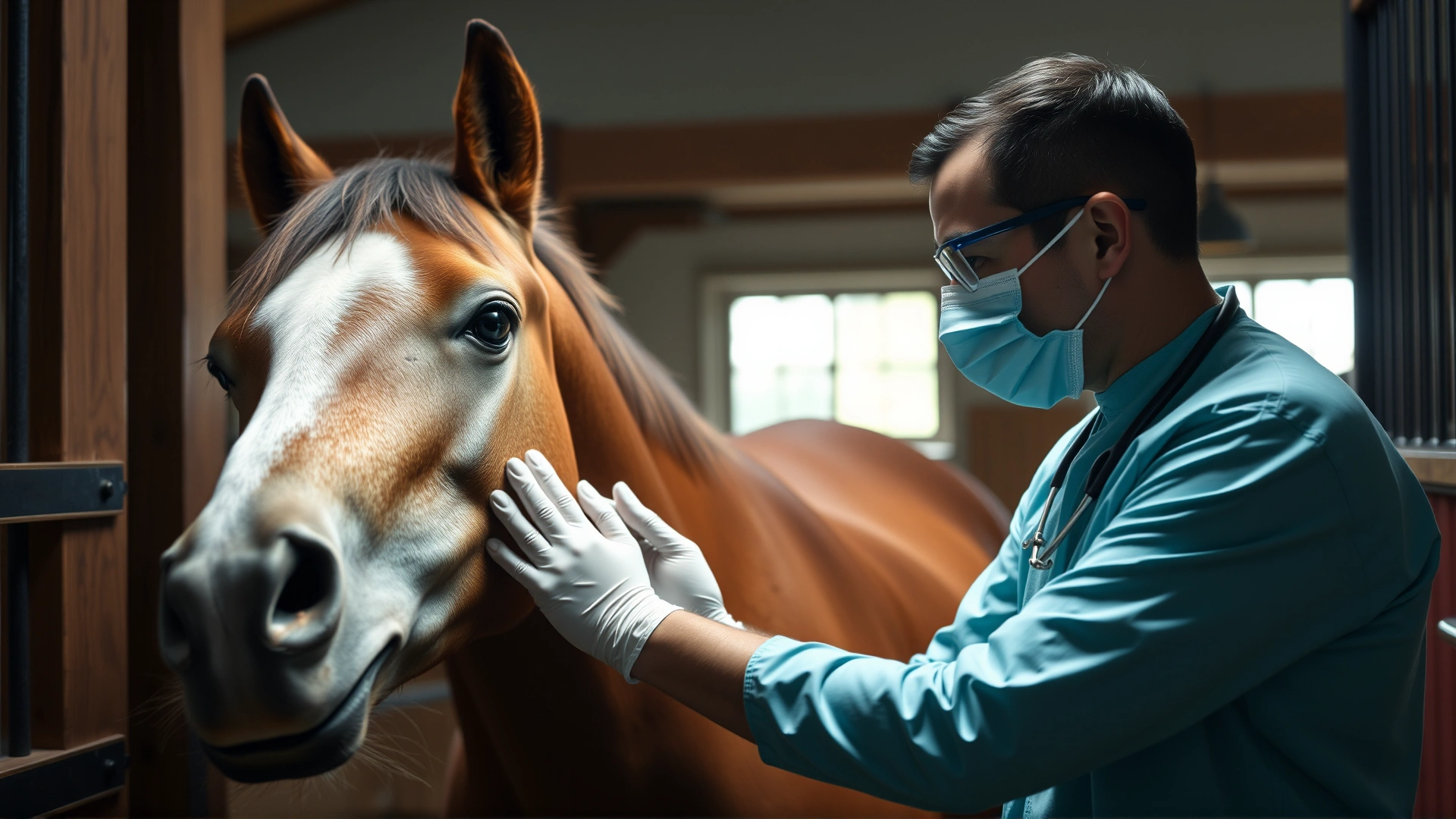 Equine veterinarian performing an intradermal sweat stimulation test on a calm horse inside a stable, focus on the small injection site, horizontal shot