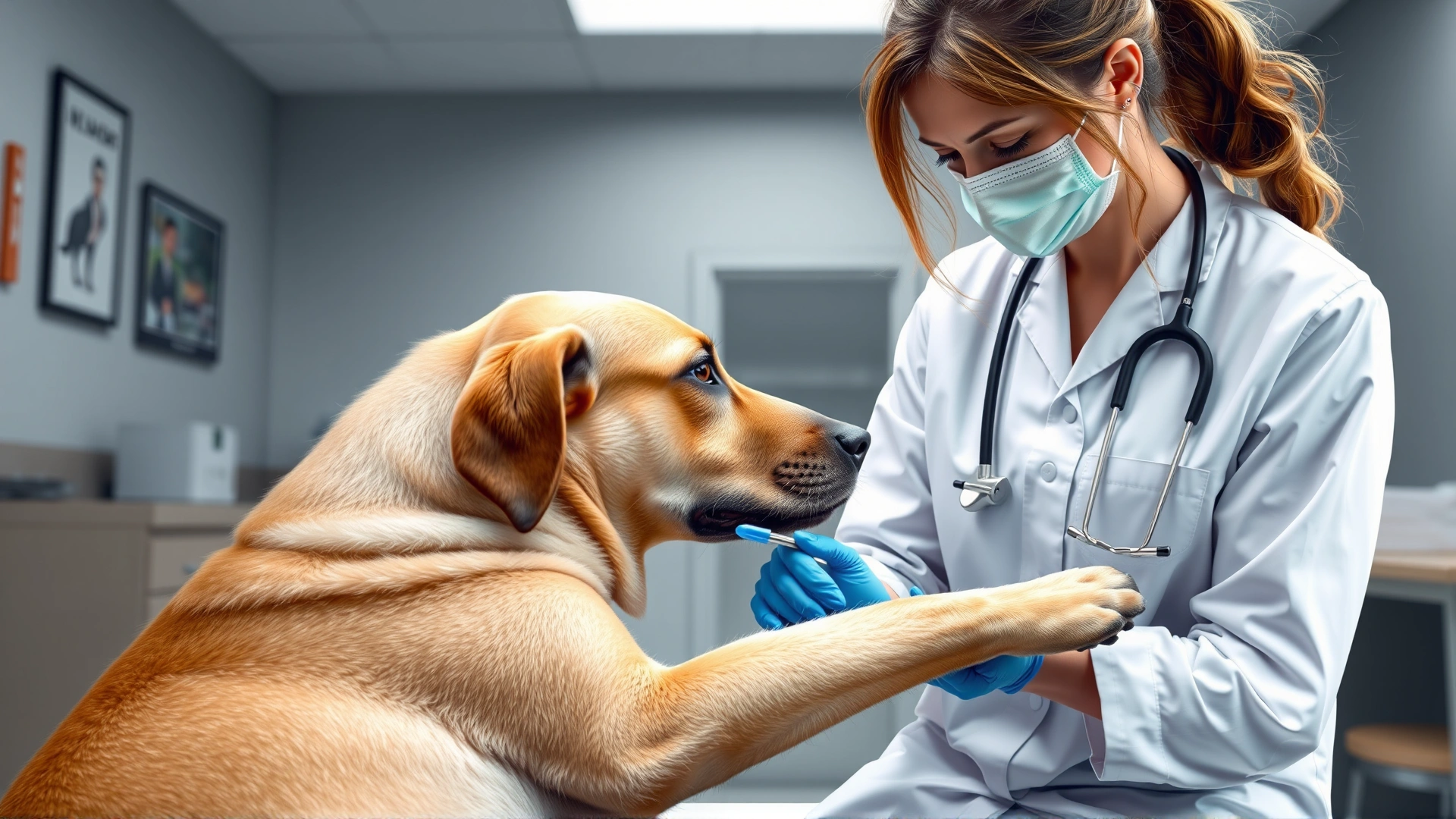 Veterinarian drawing blood from a medium-sized dog’s foreleg in a modern, well-lit clinic