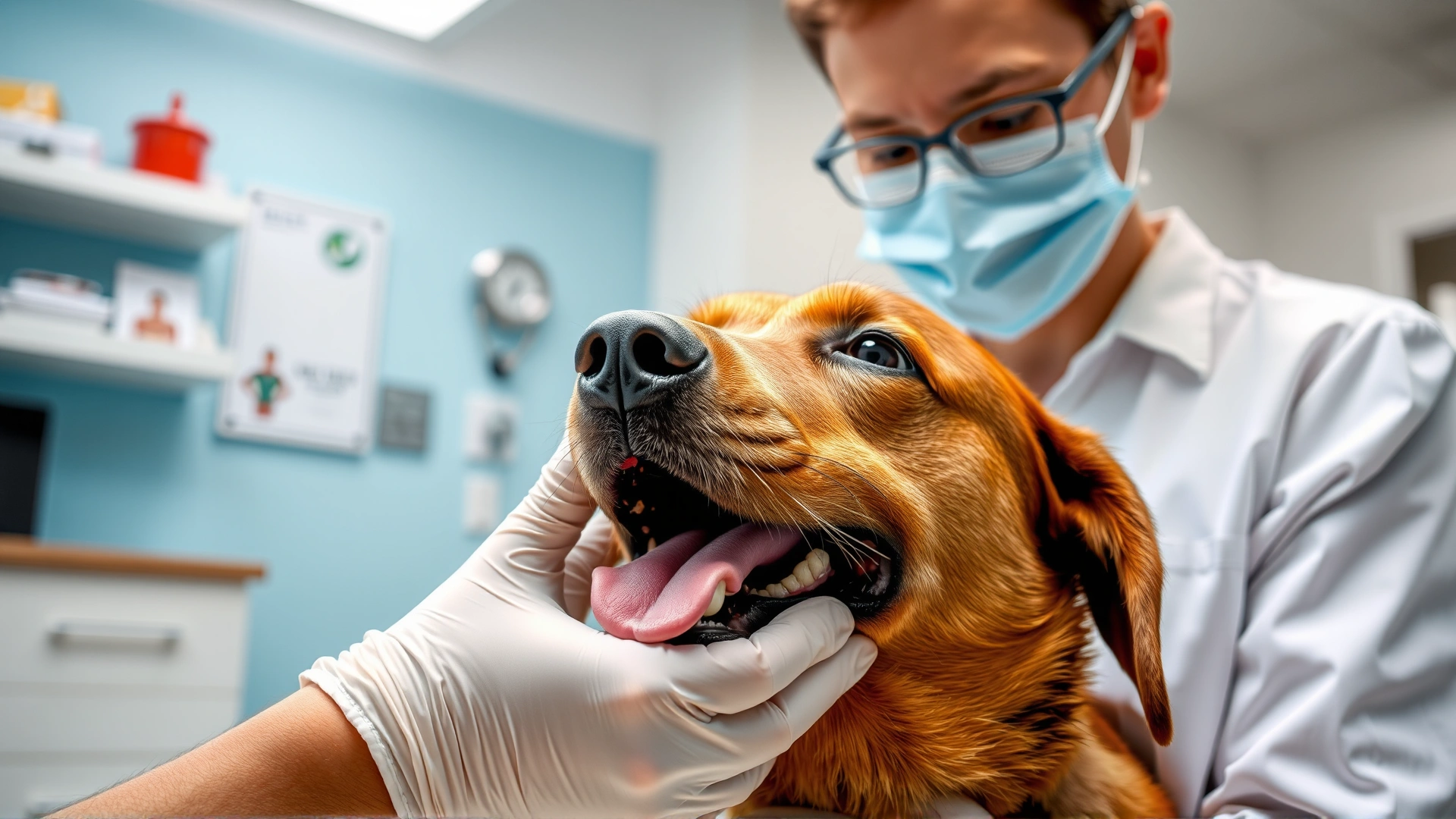 Veterinarian gently examining a dog's mouth with gloved hands, focusing on the tongue inside a modern clinic