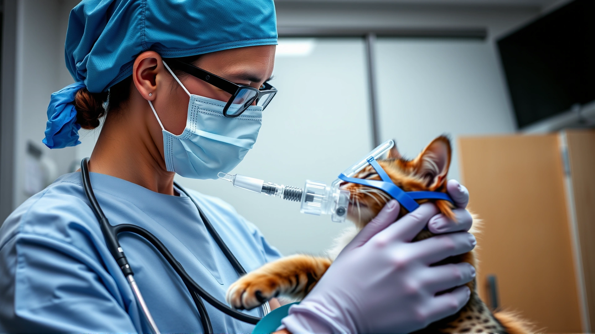 Veterinarian wearing scrubs giving oxygen therapy to a sedated cat using a mask in a modern clinic.