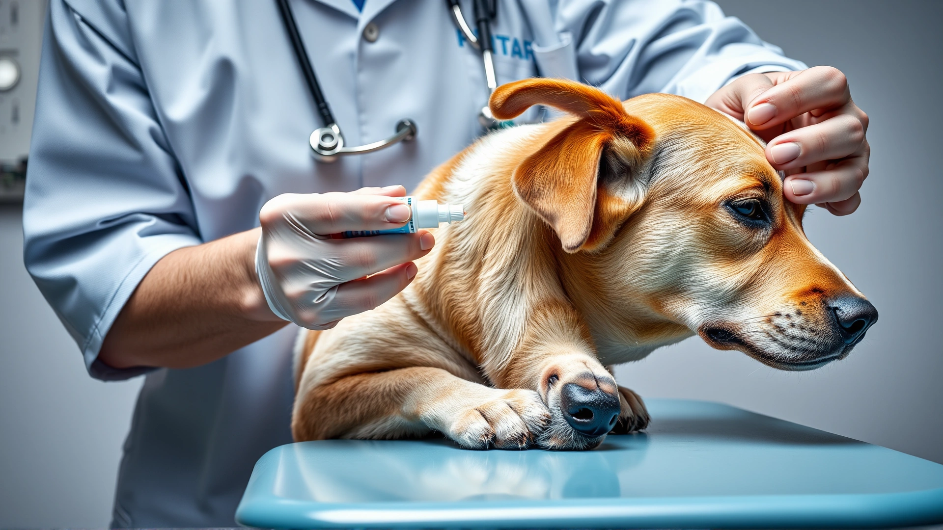 Veterinarian applying medicated ear drops into a calm dog’s ear on an examination table