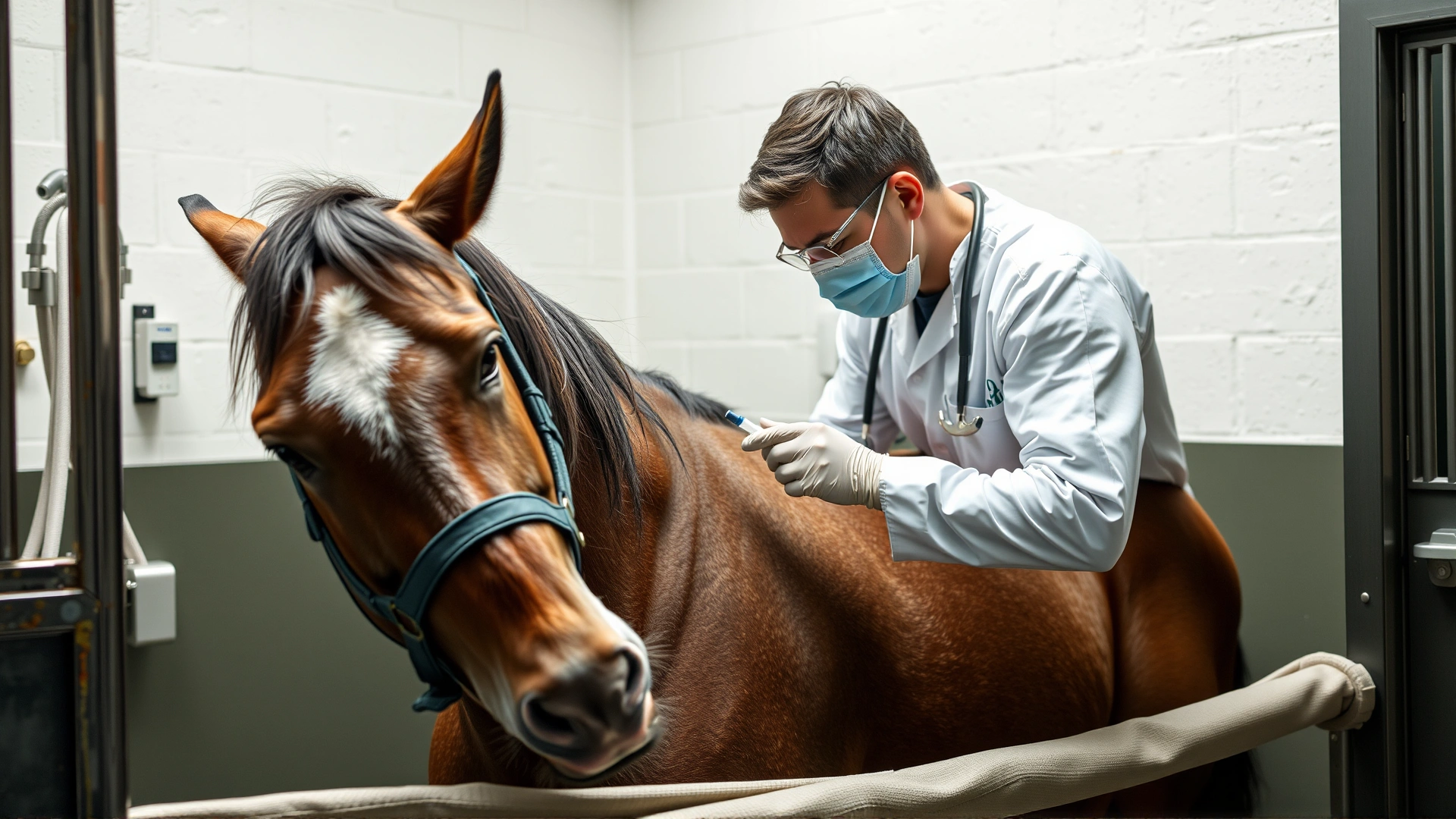 Equine veterinarian administering intravenous therapy to a sedated horse in a treatment stall
