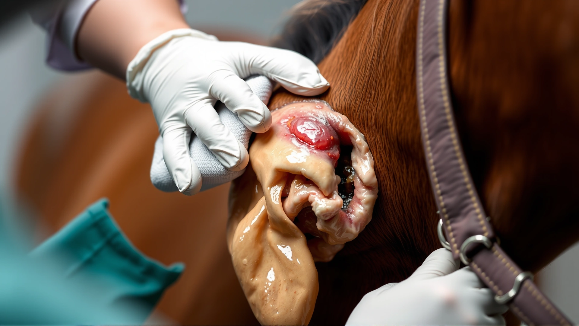 Veterinarian wearing protective gloves applying warm compress to a draining abscess on a horse's neck.