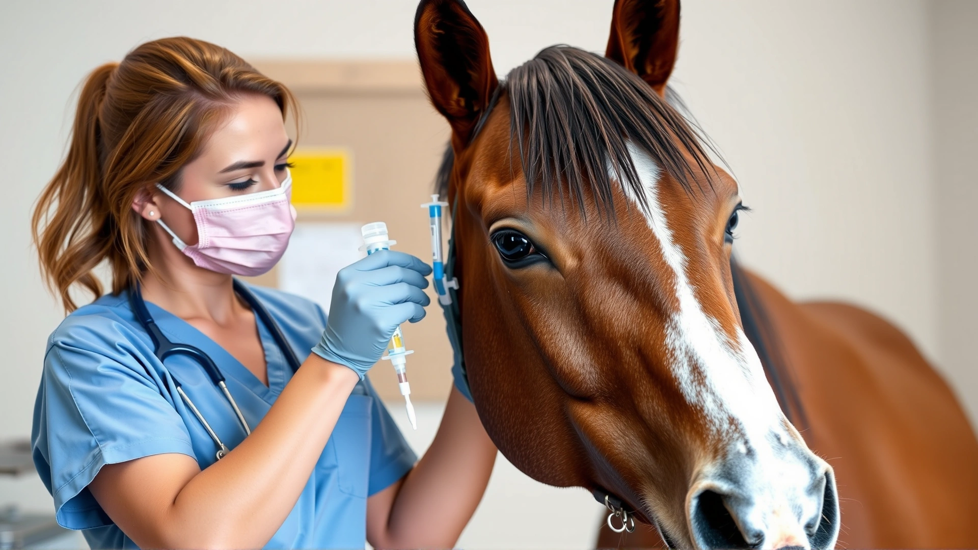 Veterinarian in scrubs administering intravenous fluids to a calm horse in a clinical setting, focus on the IV line and caring interaction.