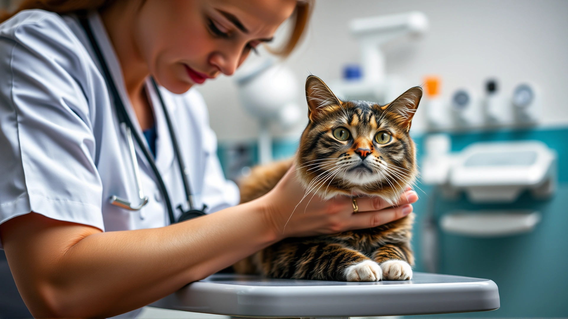 Veterinarian gently examining a worried-looking cat on an examination table in a modern clinic; medical equipment blurred in background
