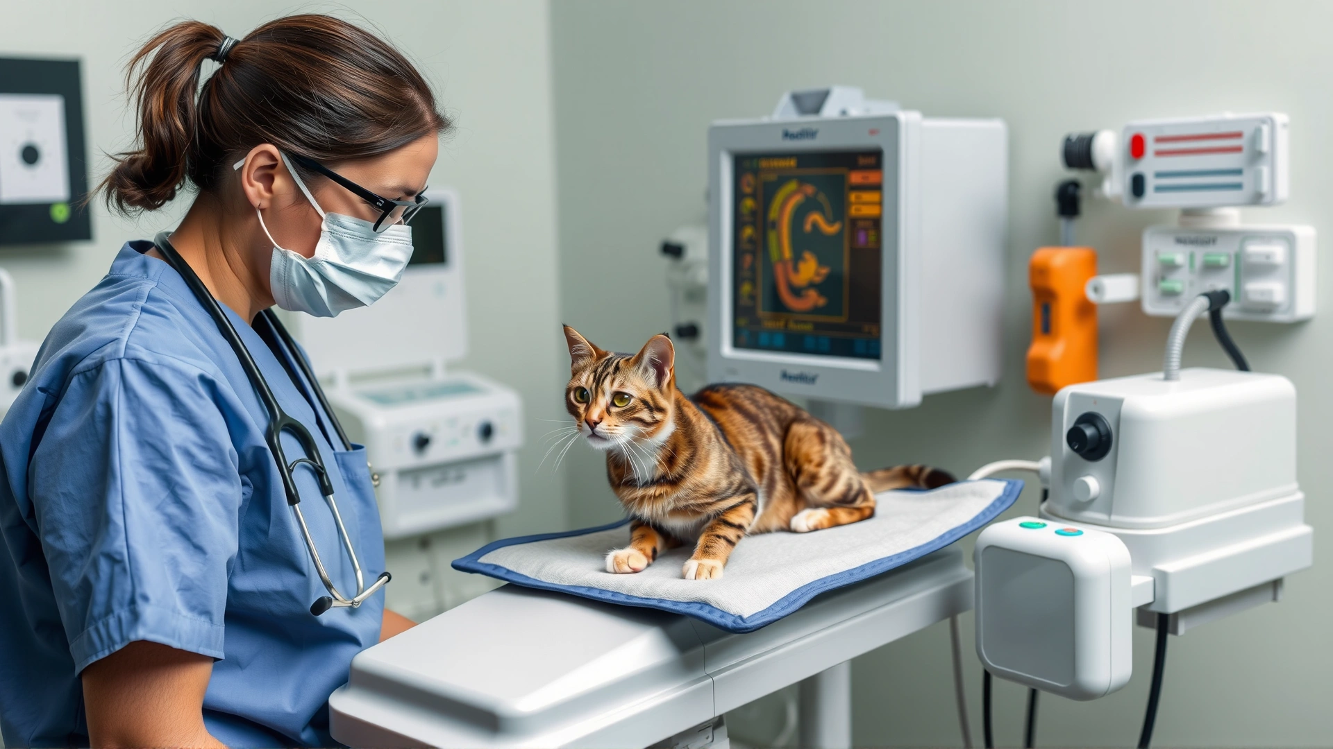Veterinarian wearing scrubs monitoring a cat on a warming pad connected to medical equipment in a clinic setting (no text).