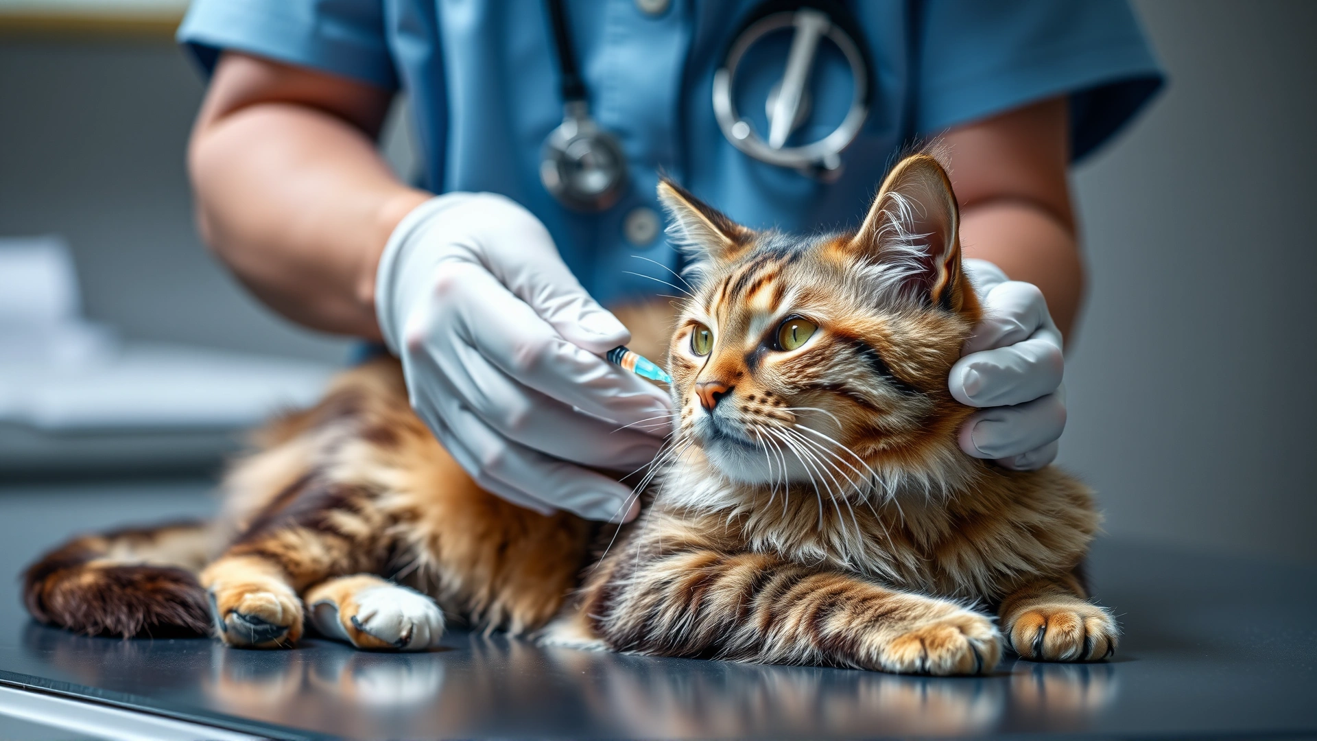 Veterinarian wearing gloves administering an injection to a cat on an examination table, representing professional treatment for poisoning.