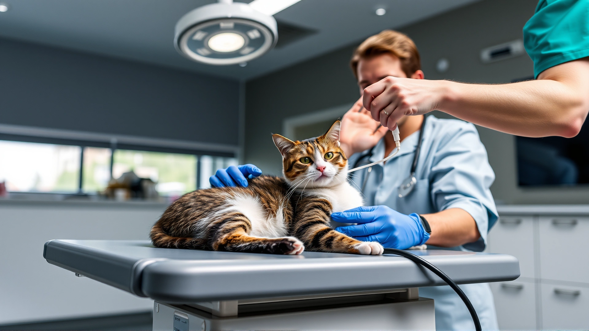 Veterinarian administering intravenous fluids to a cat lying on an exam table inside a modern clinic
