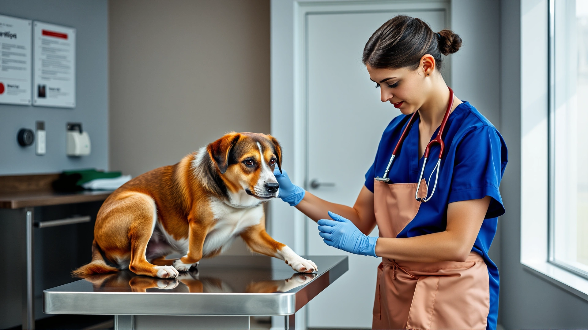 Veterinarian wearing blue scrubs examining a dog on a stainless steel table in a modern clinic