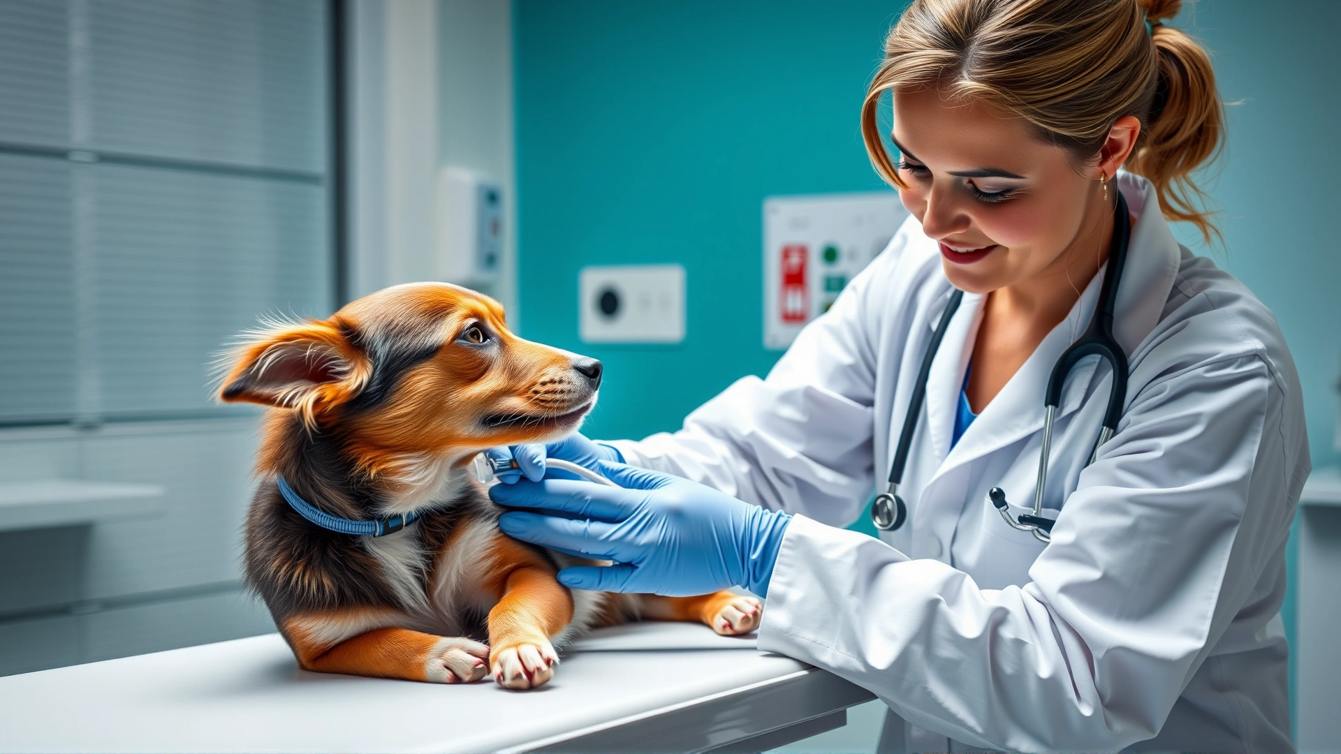Veterinarian gently placing an IV line in a small dog on an examination table inside a modern clinic, caring expression, no text.