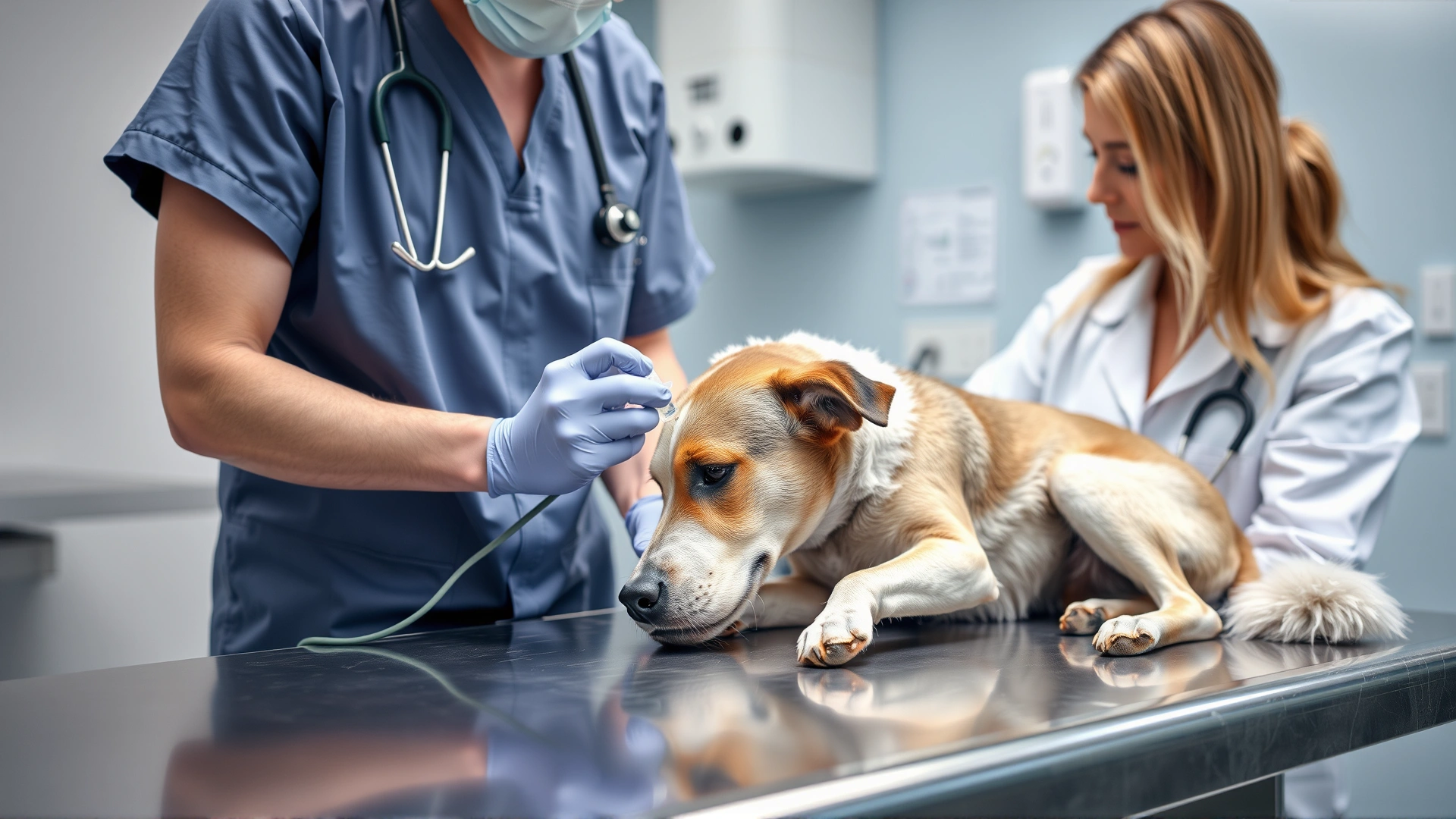Veterinarian administering IV fluids to a medium-sized dog on a stainless examination table in a clinic, no text