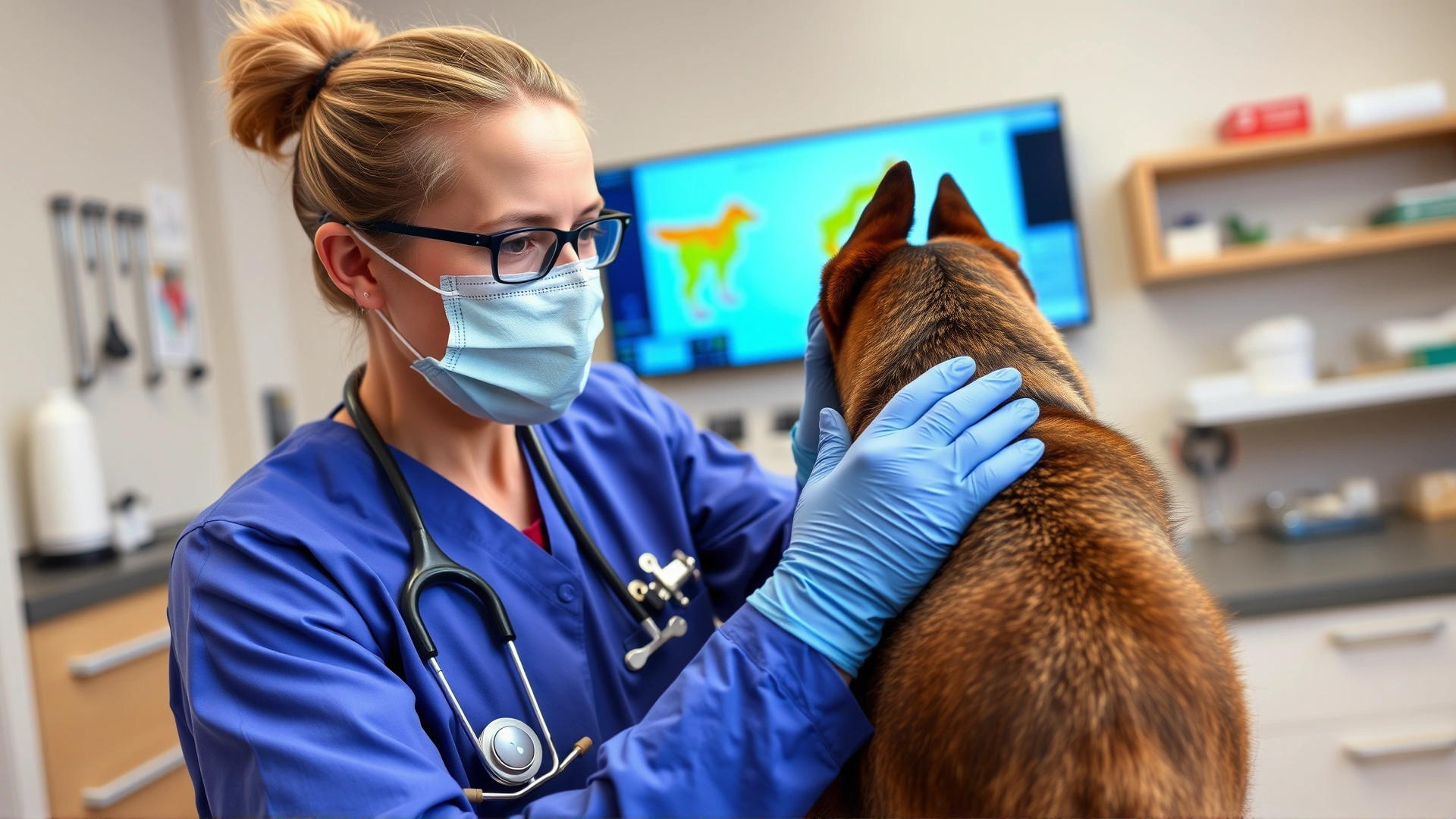 Veterinarian applying topical flea treatment on a dog's back inside a modern clinic