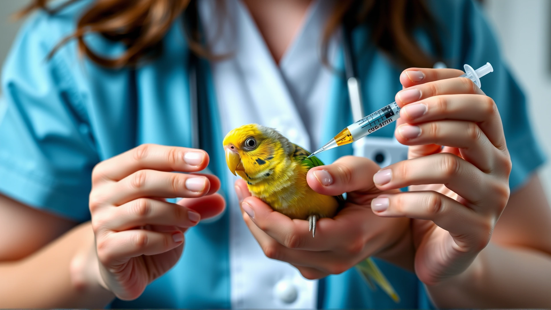 Veterinarian gently holding a parakeet while administering oral medication with a syringe dropper in a clinical setting, no text.