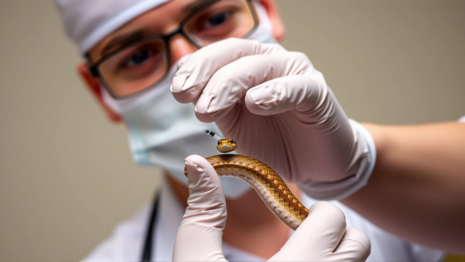Veterinarian wearing gloves administering oral medication to a small snake using a syringe.