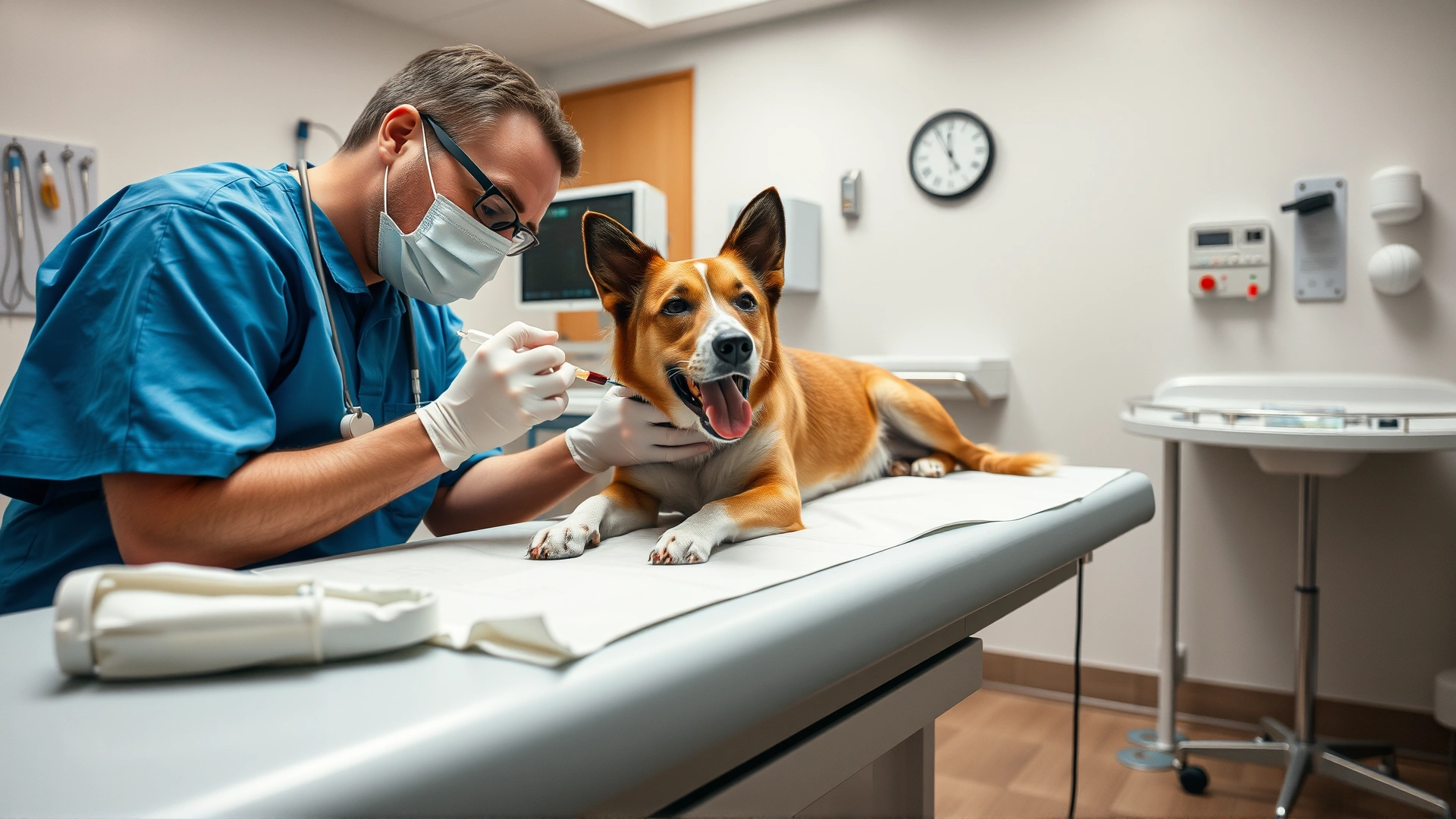 Veterinarian administering intravenous fluids to a dog on an examination table inside a modern clinic, medical equipment visible