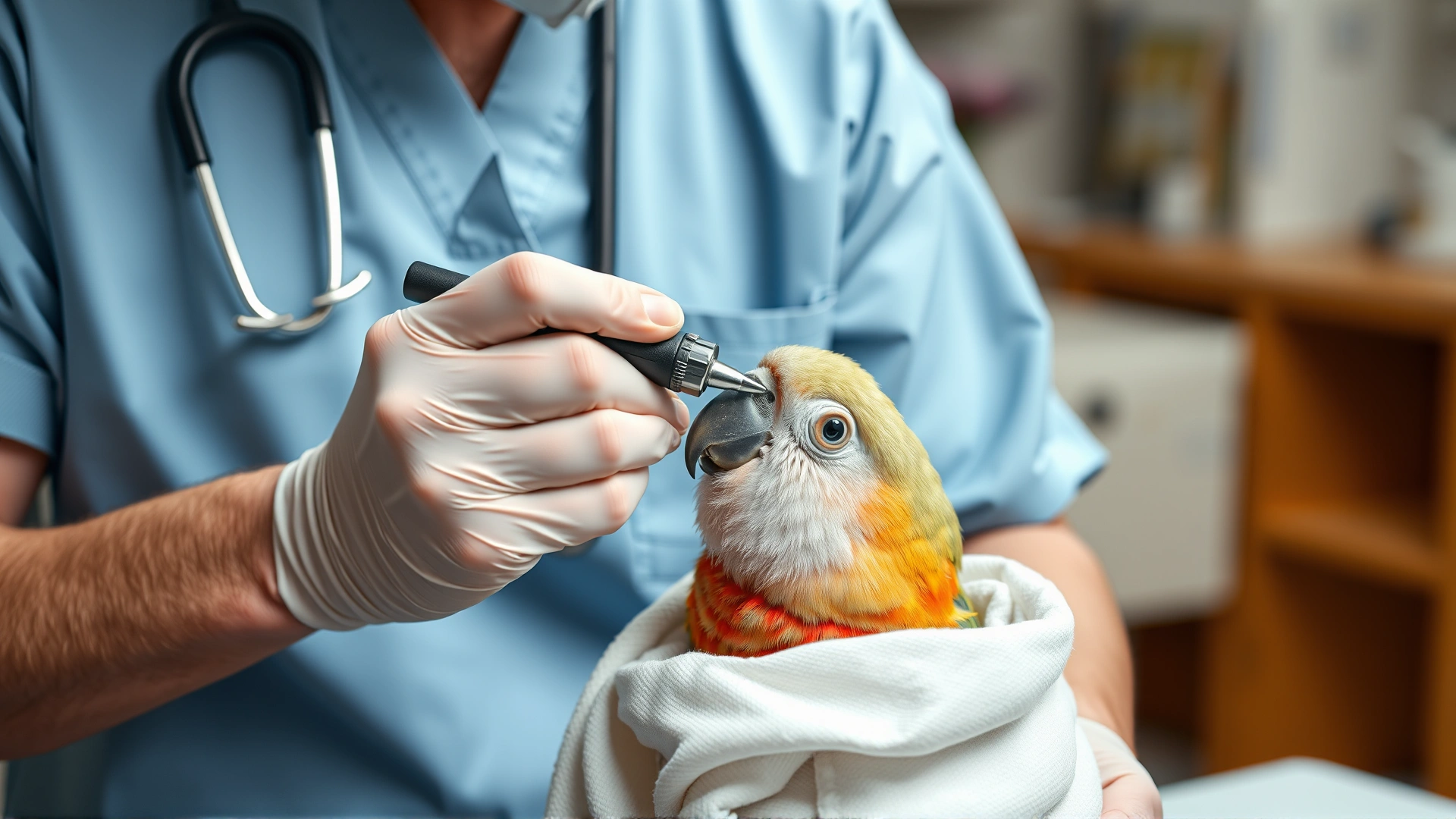 Avian veterinarian in light-blue scrubs delicately trimming a parrot’s overgrown beak with a rotary tool; bird is wrapped in a white towel, clinic environment in soft focus.