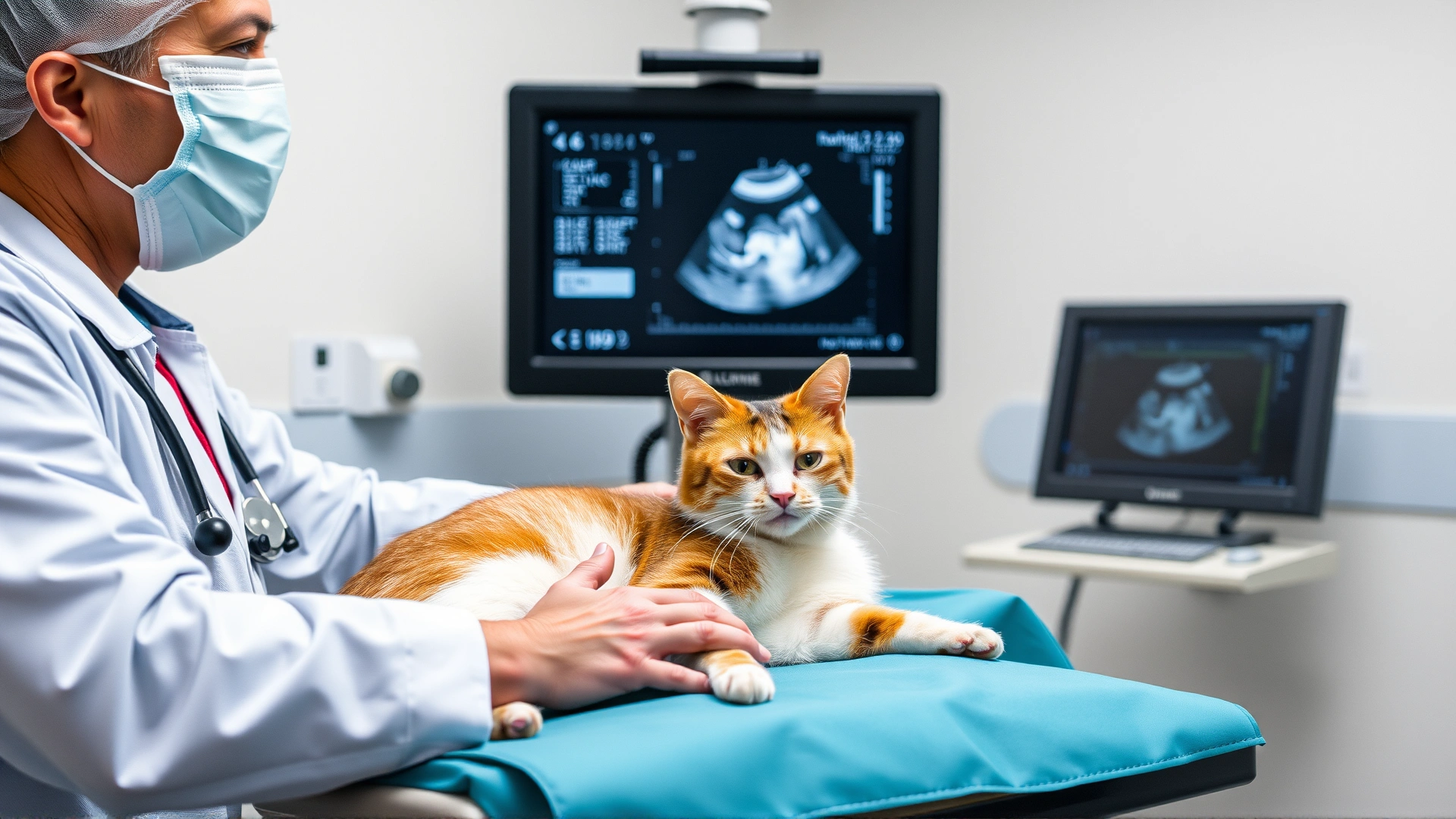 Veterinarian performing an abdominal ultrasound on a sedated cat in a modern clinic; sonogram screen visible but out of focus.