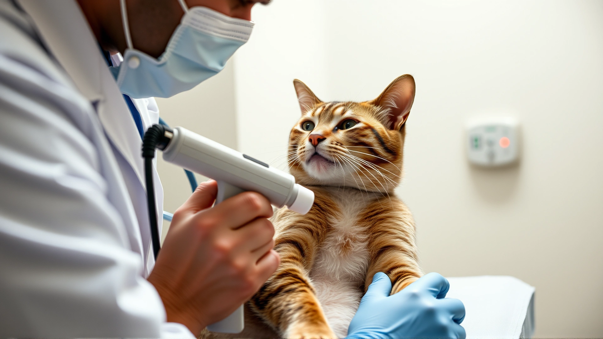 Veterinarian using an ultrasound probe on a sedated male cat’s scrotal area, clinic setting