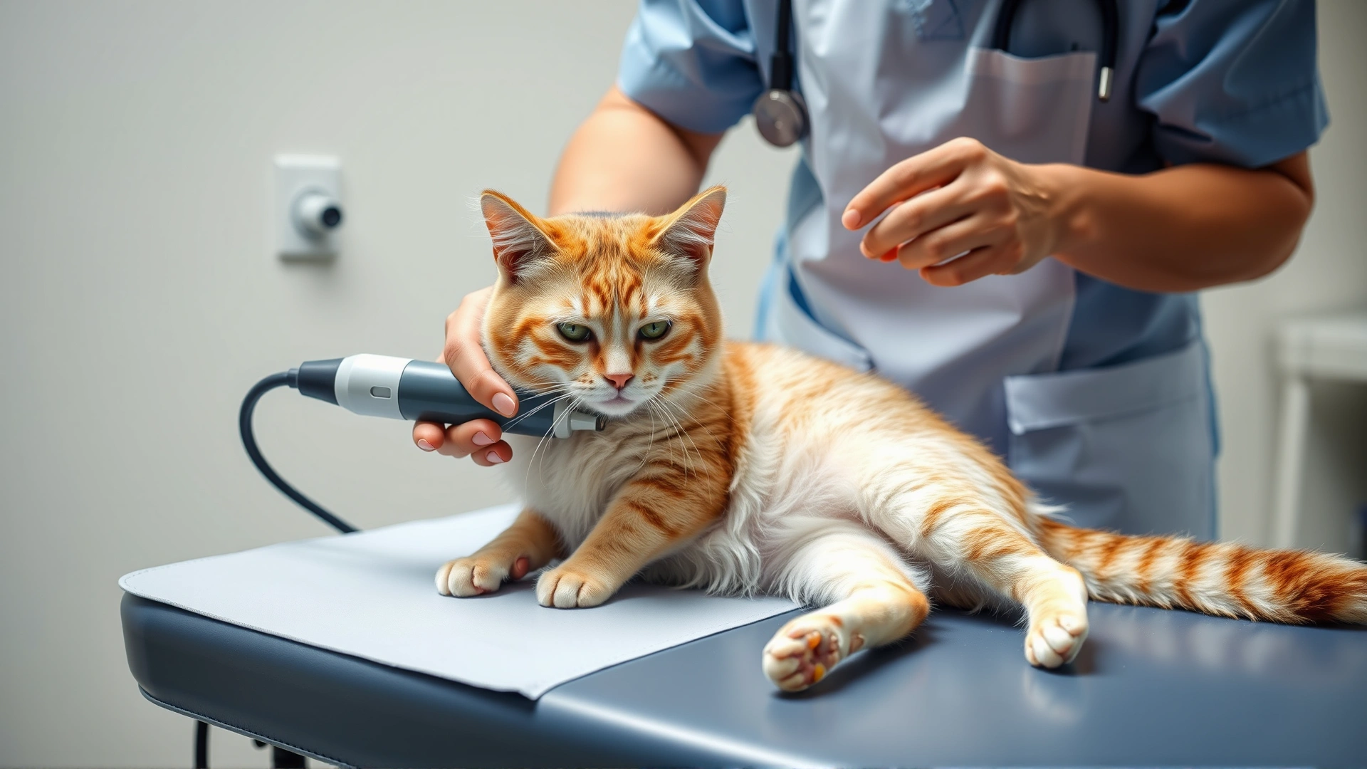 Veterinarian gently performing an ultrasound examination on a post-partum mother cat on the clinic table, medical setting, focus on the cat and ultrasound probe. No text.