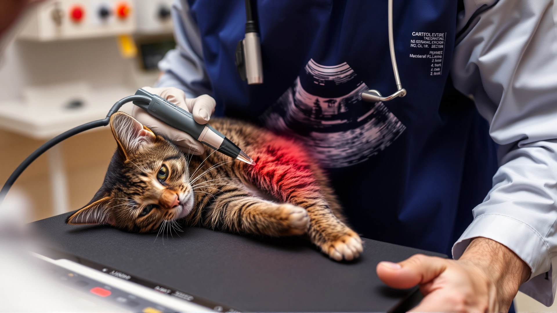 Veterinarian performing abdominal ultrasound on a sedated cat; probe on cat’s abdomen, ultrasound machine visible, clinical environment