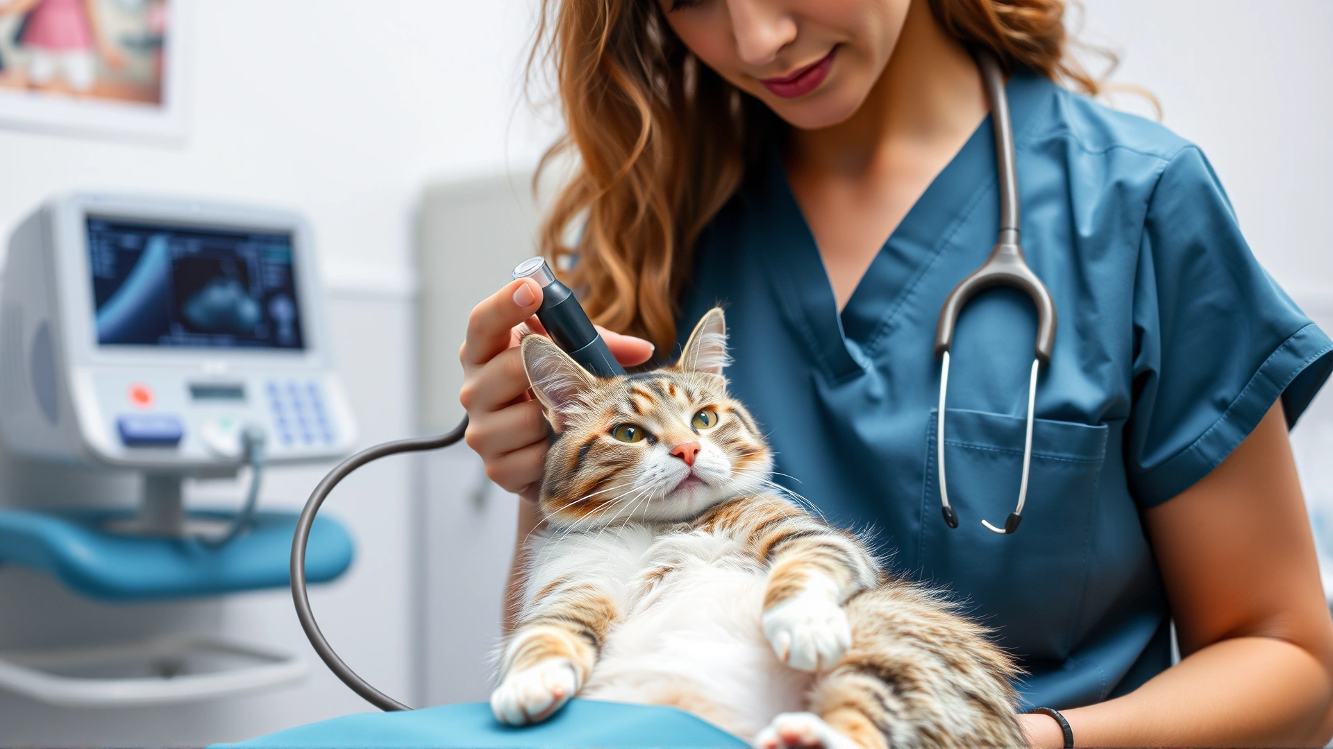 Veterinarian wearing scrubs using an ultrasound probe on a sedated cat's abdomen in a modern clinic setting