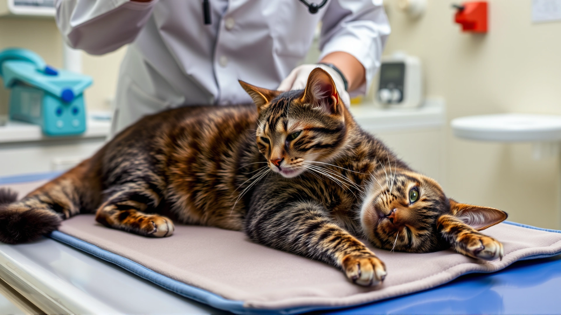 Veterinarian performing an abdominal ultrasound on a calm cat lying on a padded table, clinic equipment in background.