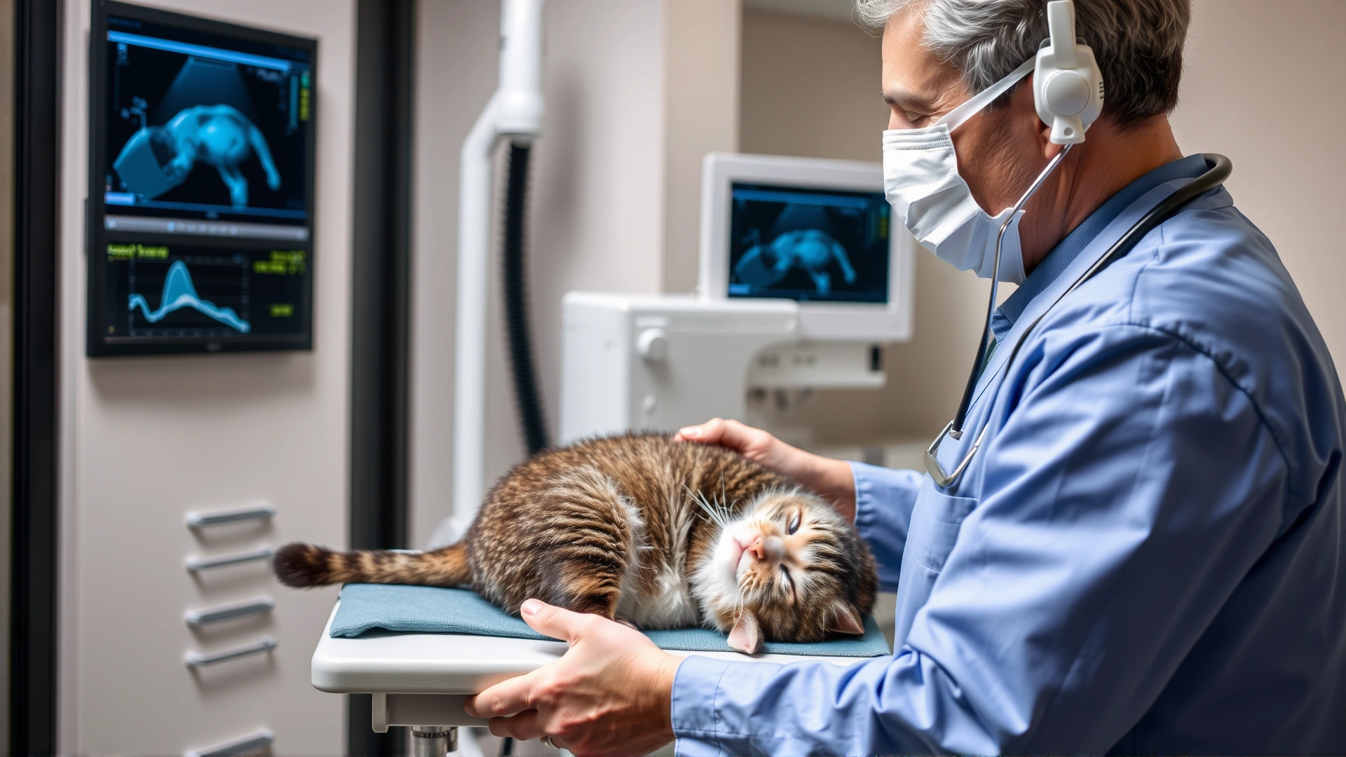 Veterinarian performing abdominal ultrasound on a relaxed cat in a modern clinic; no text visible.