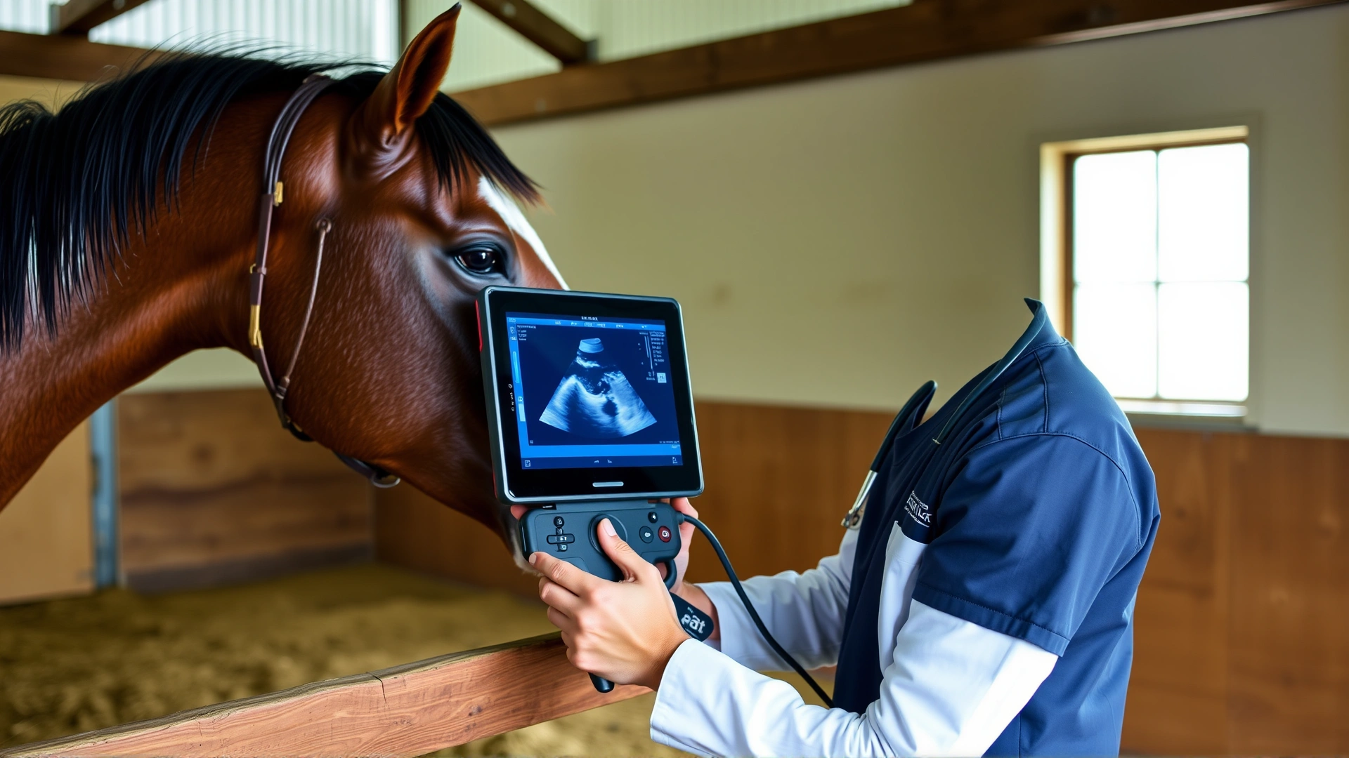 Equine veterinarian using a portable ultrasound device on a mare inside a barn; focus on professional care and reproductive monitoring; no text.