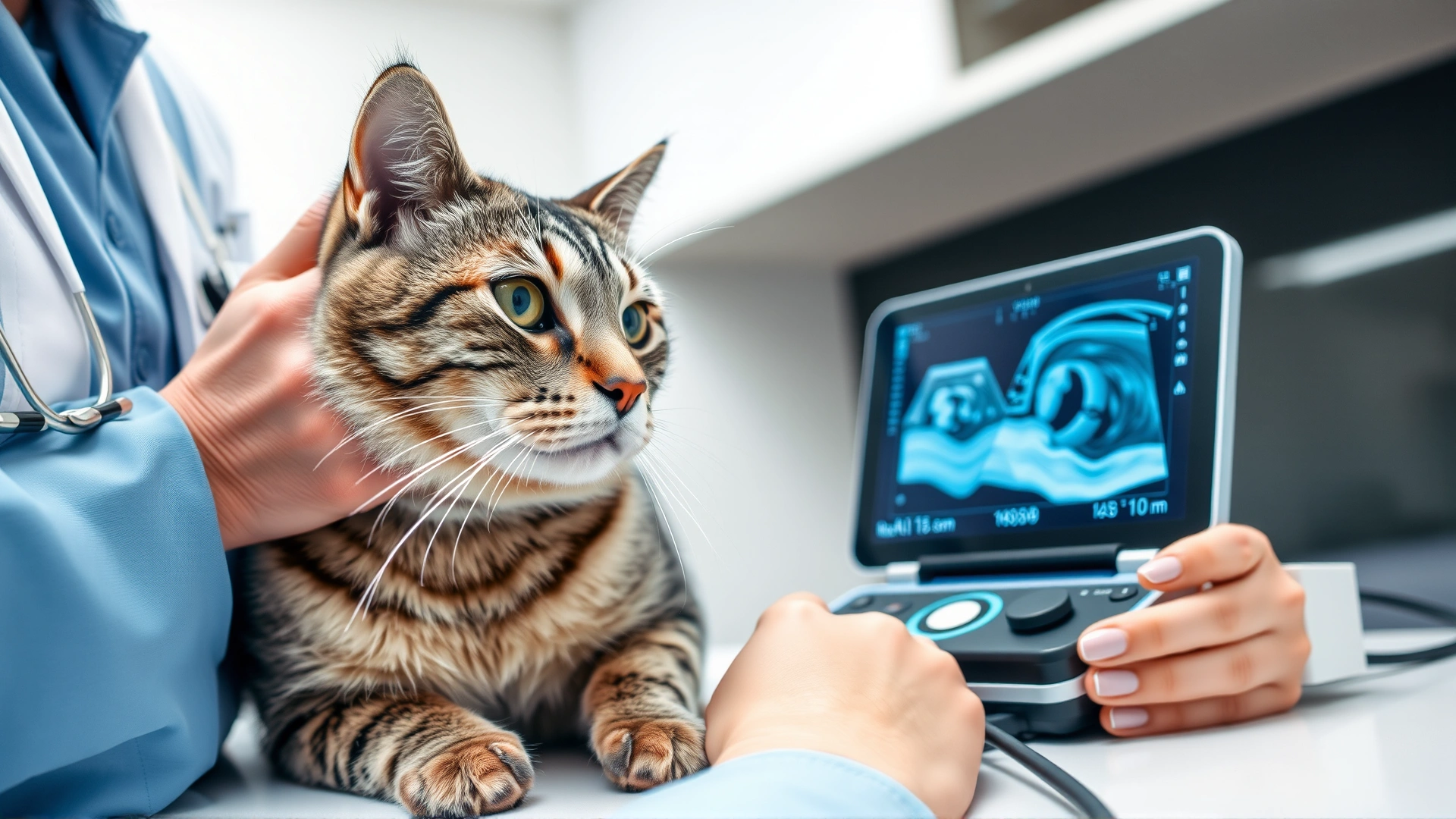 Veterinarian performing an echocardiogram on a gray tabby cat using a portable ultrasound device in a modern clinic.