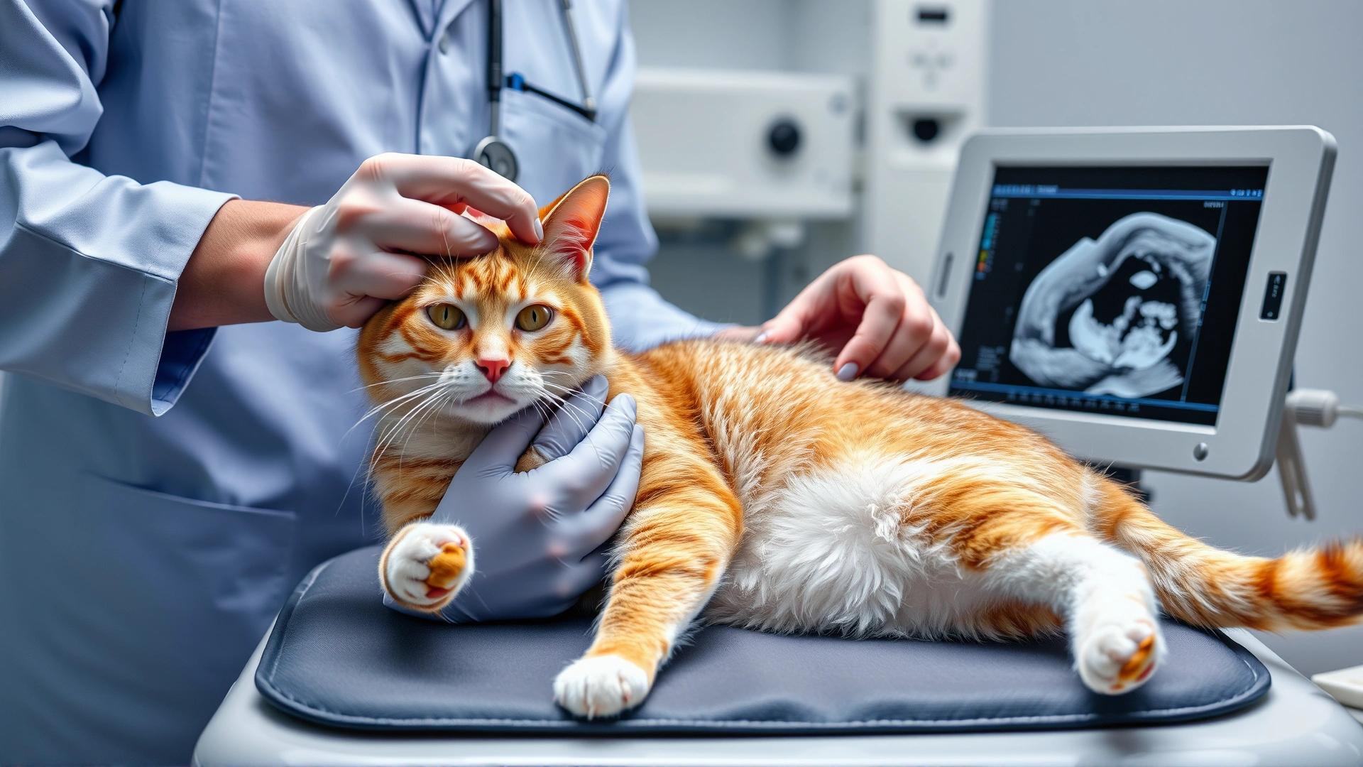 Veterinarian performing abdominal ultrasound on a relaxed cat, monitor displaying grayscale image