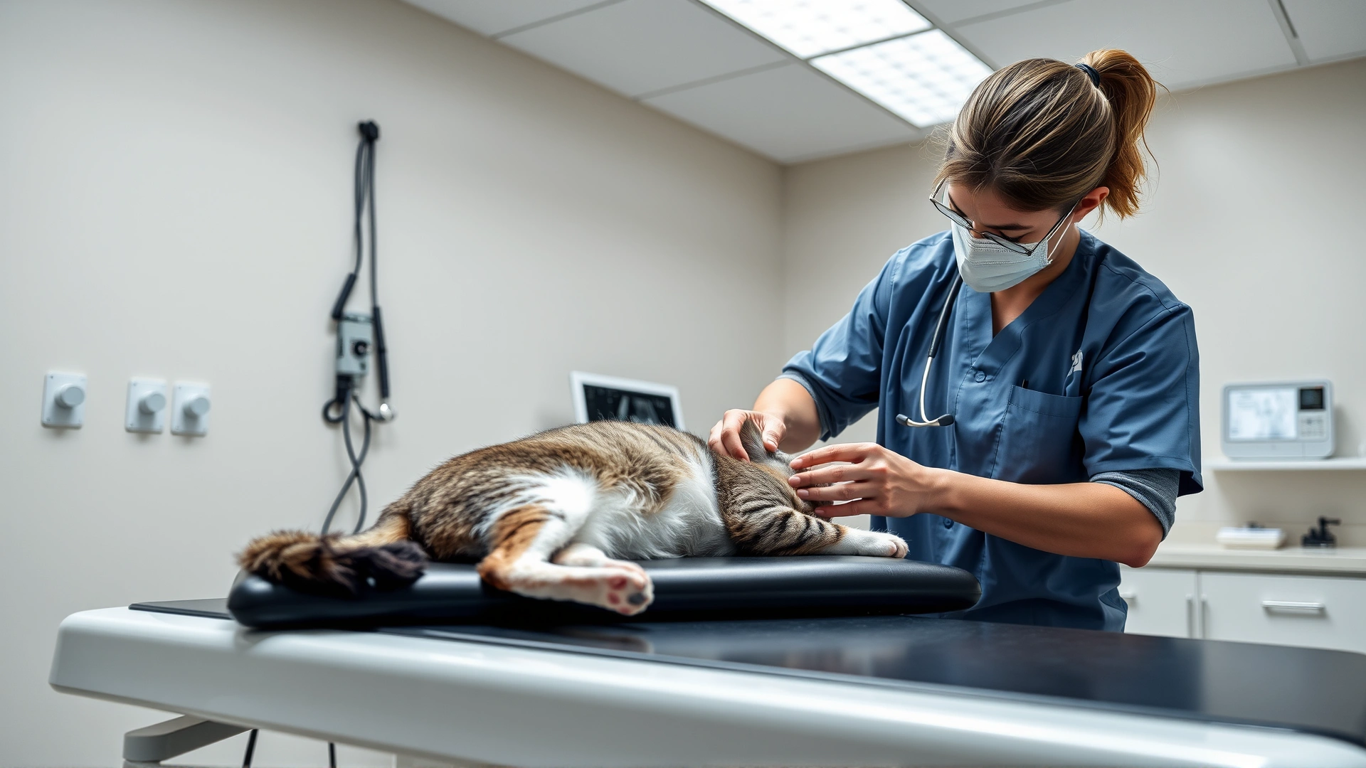 Veterinarian performing abdominal ultrasound on a cat on an examination table in a modern clinic