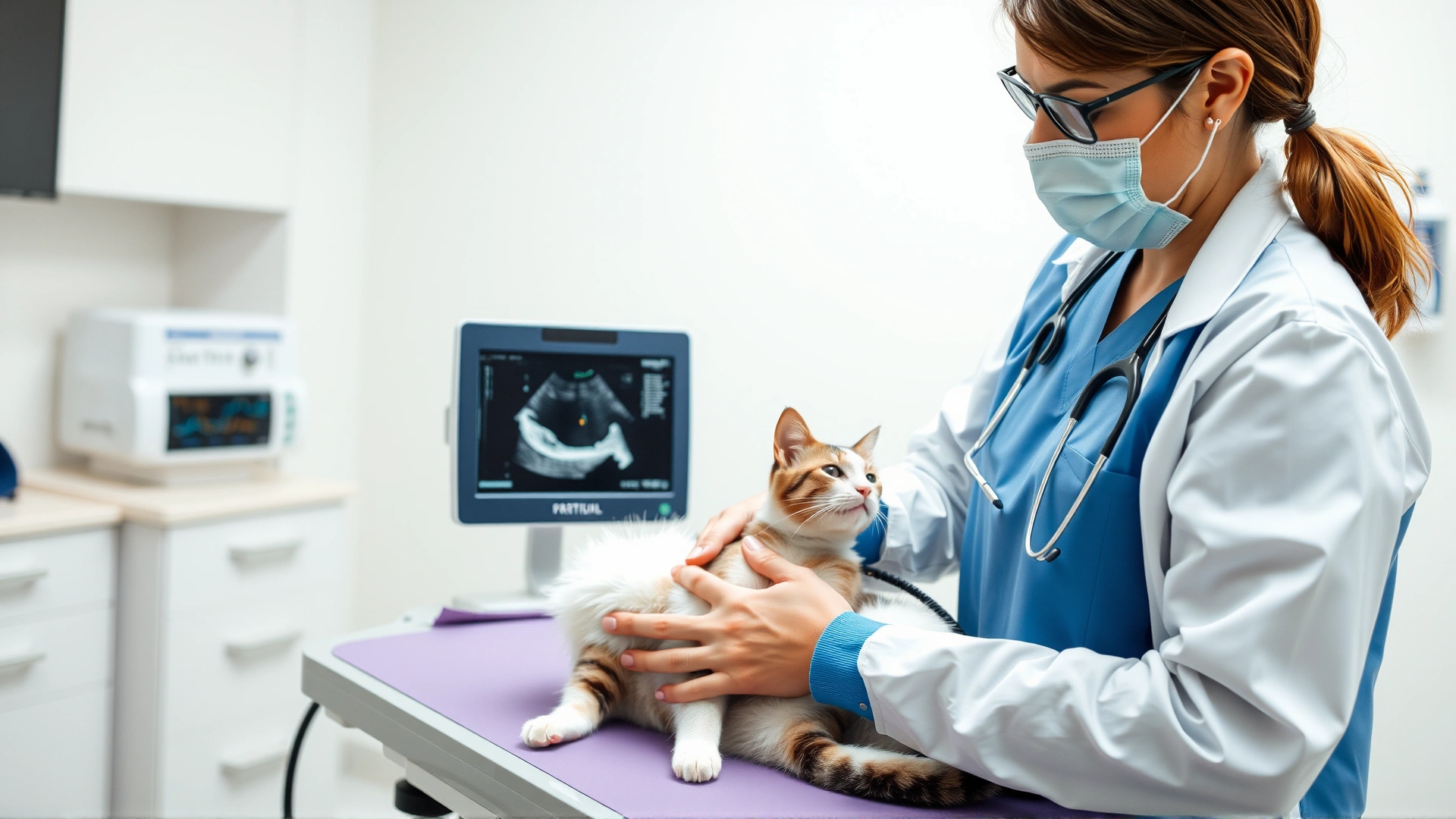 Veterinarian performing an abdominal ultrasound on a calm cat in a bright clinic room.
