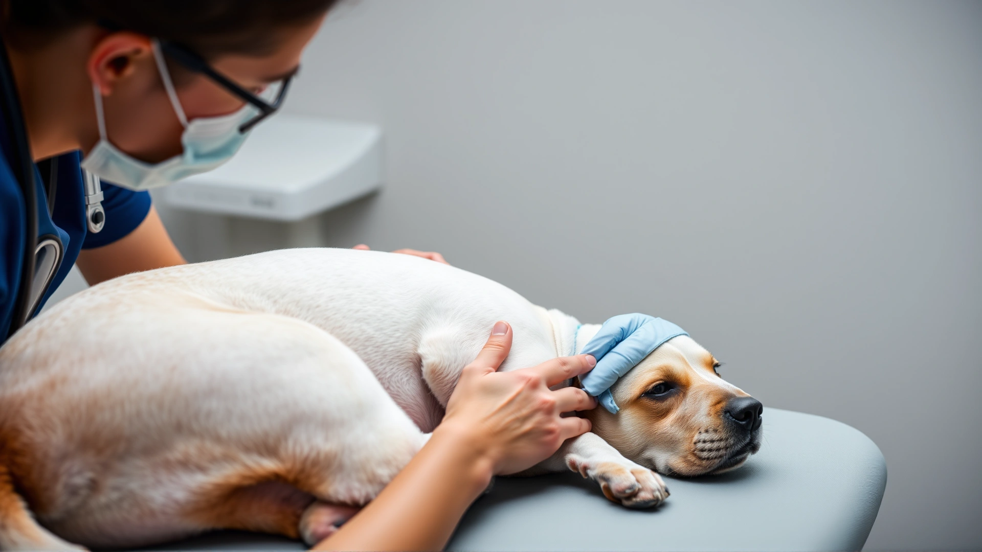 Veterinarian performing abdominal ultrasound on a calm medium-sized dog on an examination table.