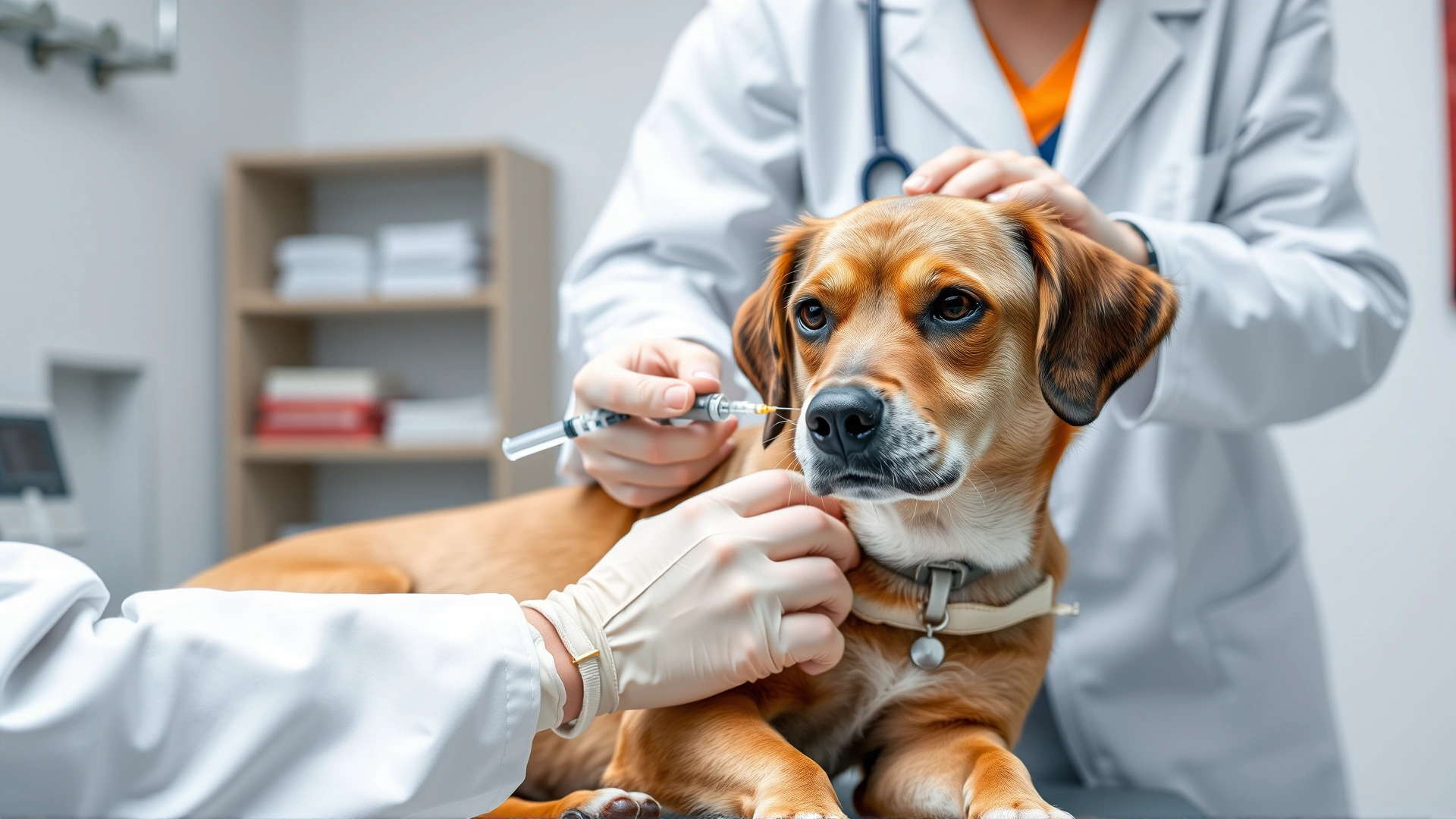 Veterinarian in a white coat gently administering a vaccine injection to a calm medium-sized dog on an examination table in a well-lit clinic.