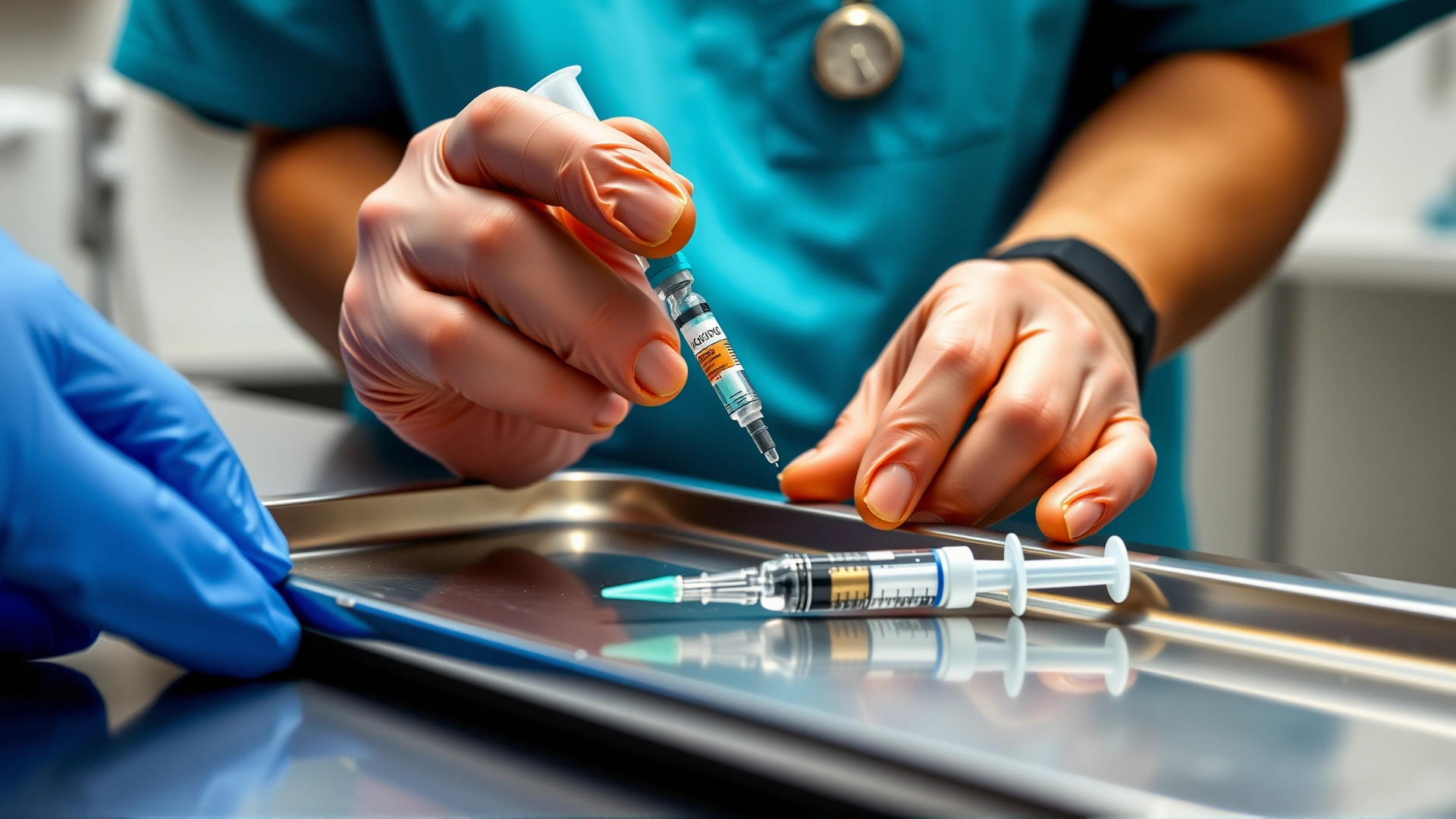 Close-up of veterinarian's gloved hands preparing an injectable vaccine with a syringe and vial on a stainless steel tray in a sterile clinic environment.