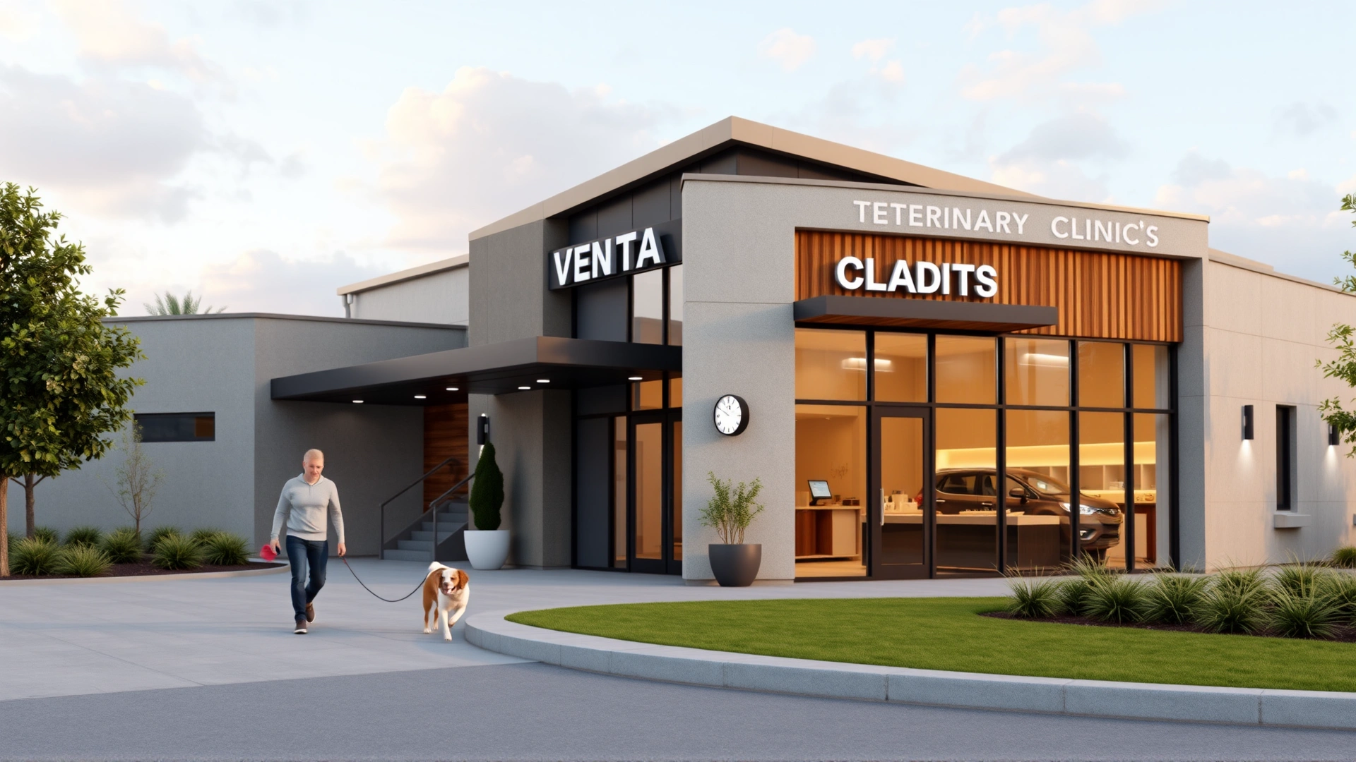 Exterior shot of a modern veterinary clinic with a person walking their dog toward the entrance