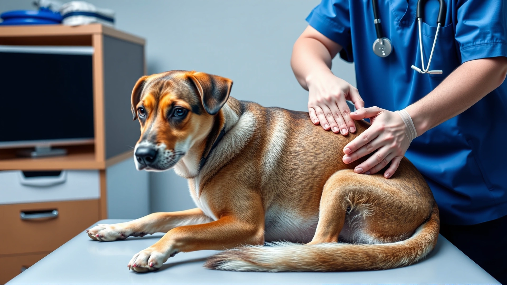 Concerned mixed-breed dog sitting on a veterinary examination table while a veterinarian gently palpates its abdomen.
