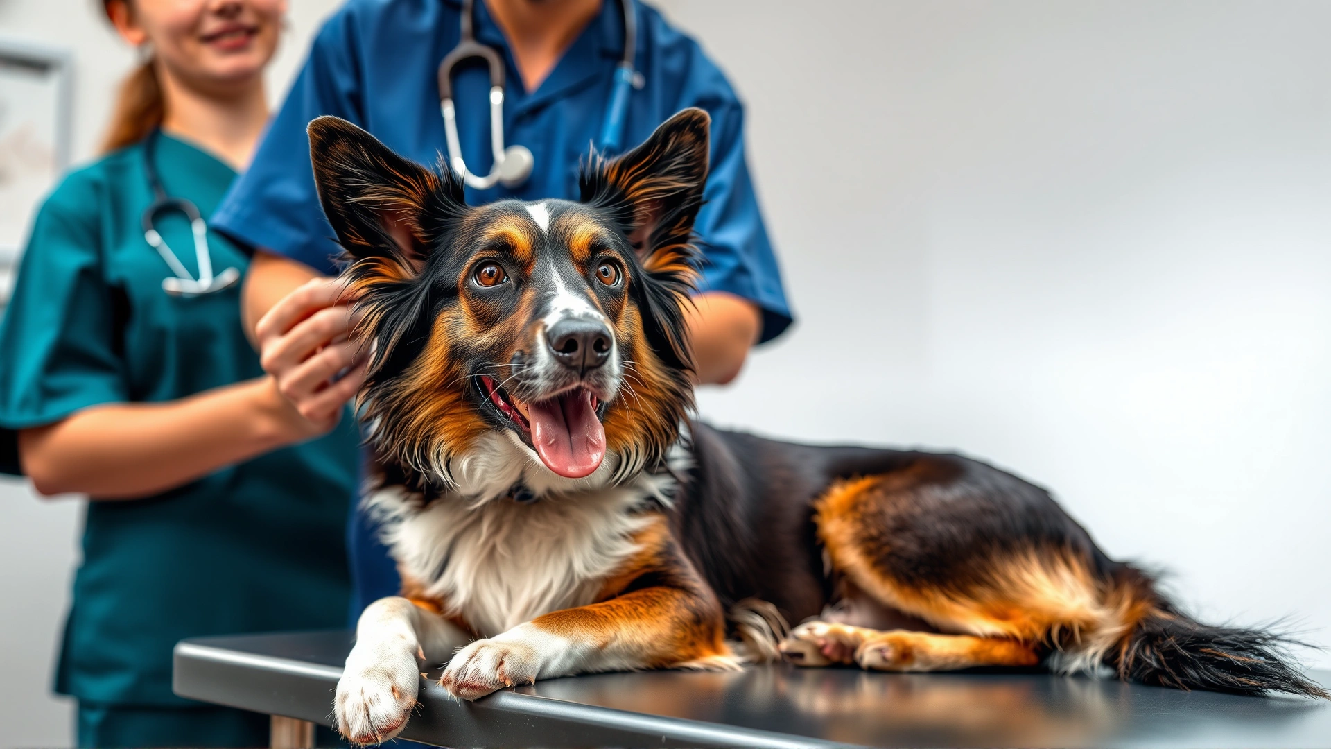 Dog sitting on an examination table with a veterinarian gently checking its ears while the owner stands nearby.