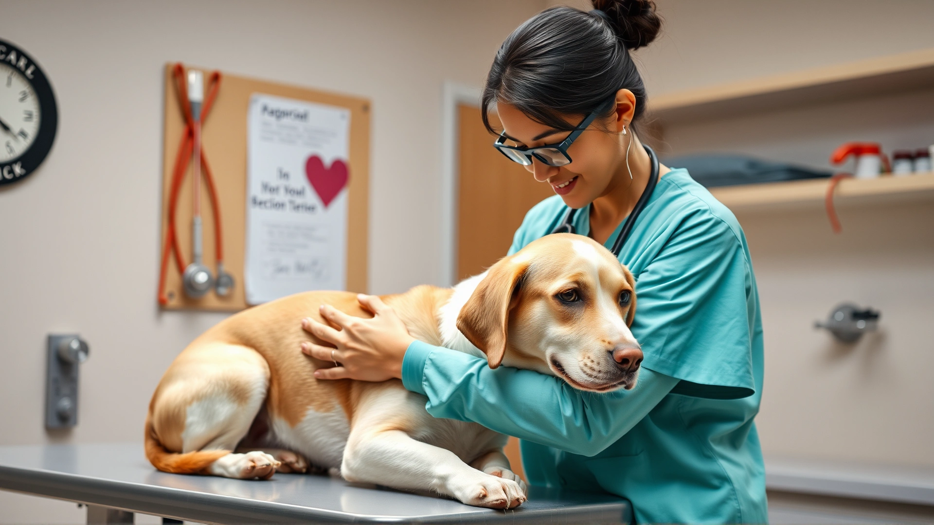 Friendly veterinarian examining a dog on clinic table, reassuring atmosphere.