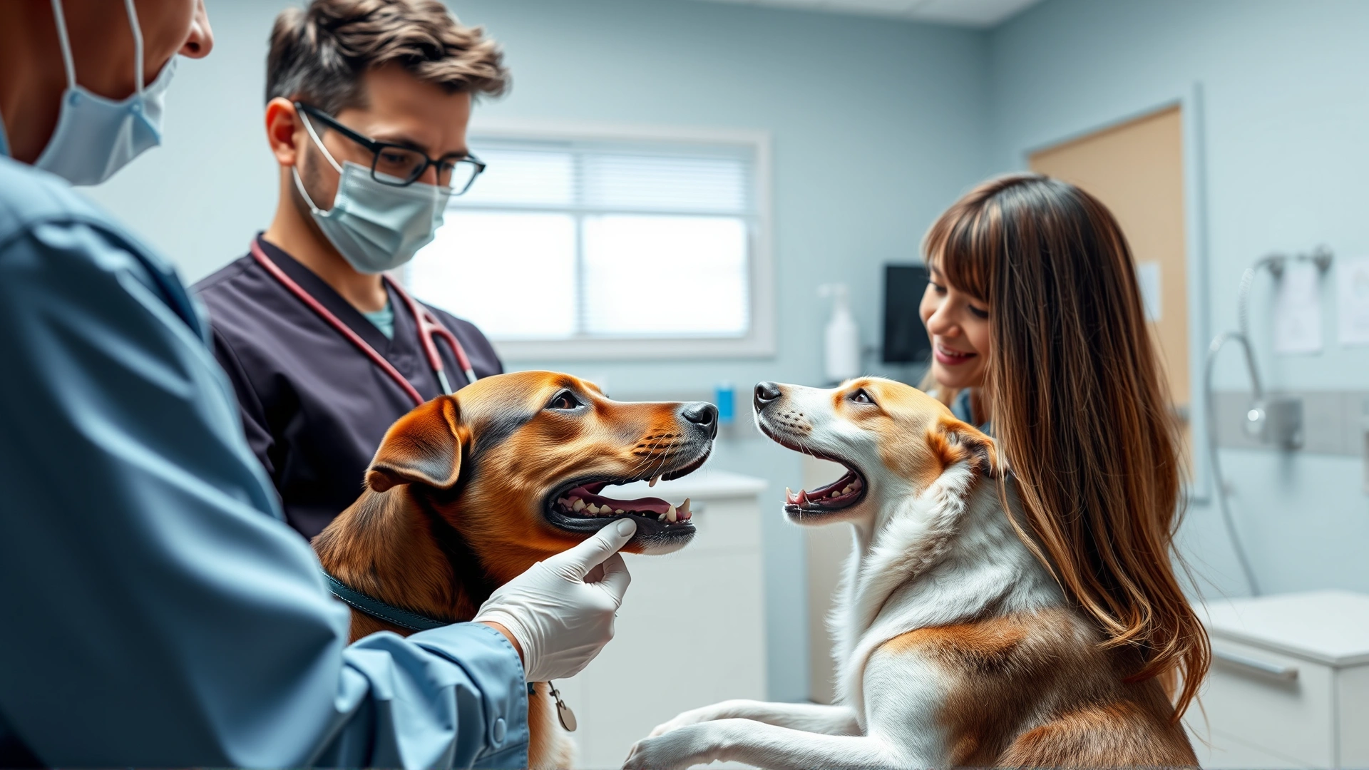 A veterinarian in a clinic examining a dog's gums while the owner watches, clean clinical background