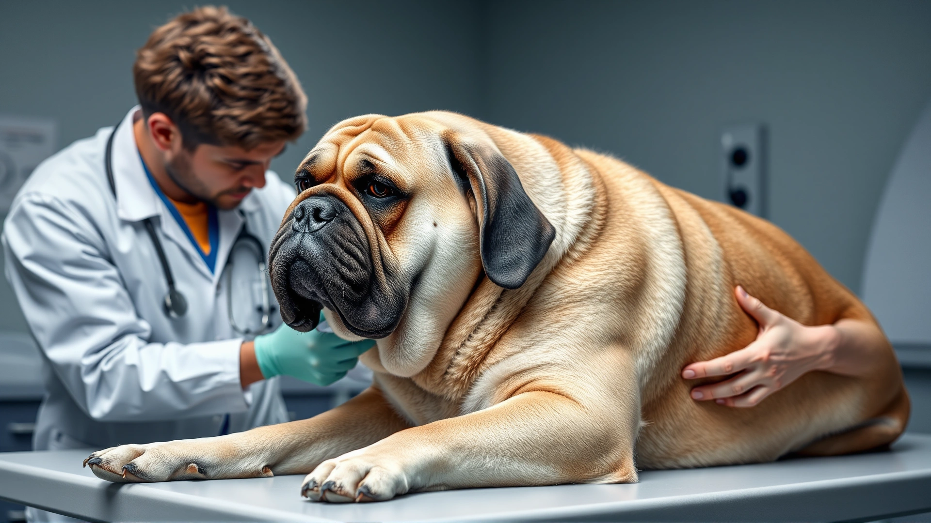 Veterinarian examining a calm giant breed dog on the clinic table.