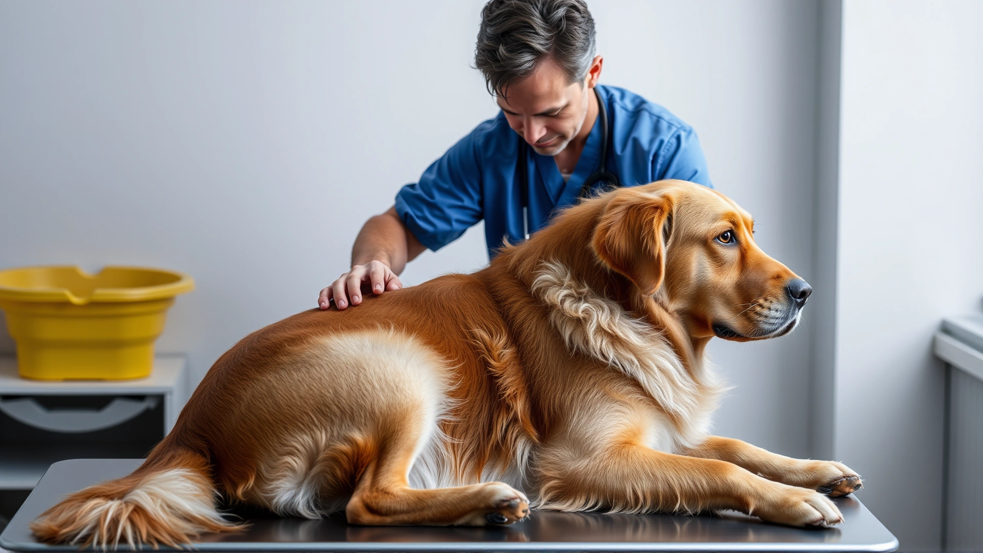 Veterinarian gently examining a large Golden Retriever on an exam table.