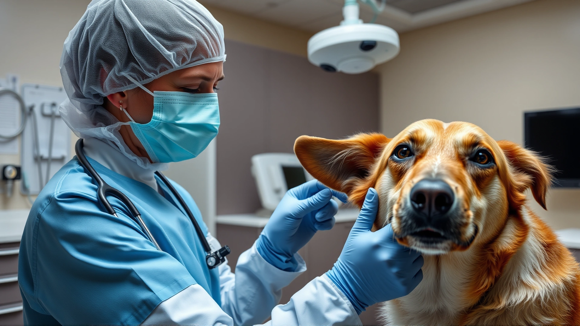 Veterinarian examining a dog's ear in a modern veterinary clinic, with medical equipment in the background.