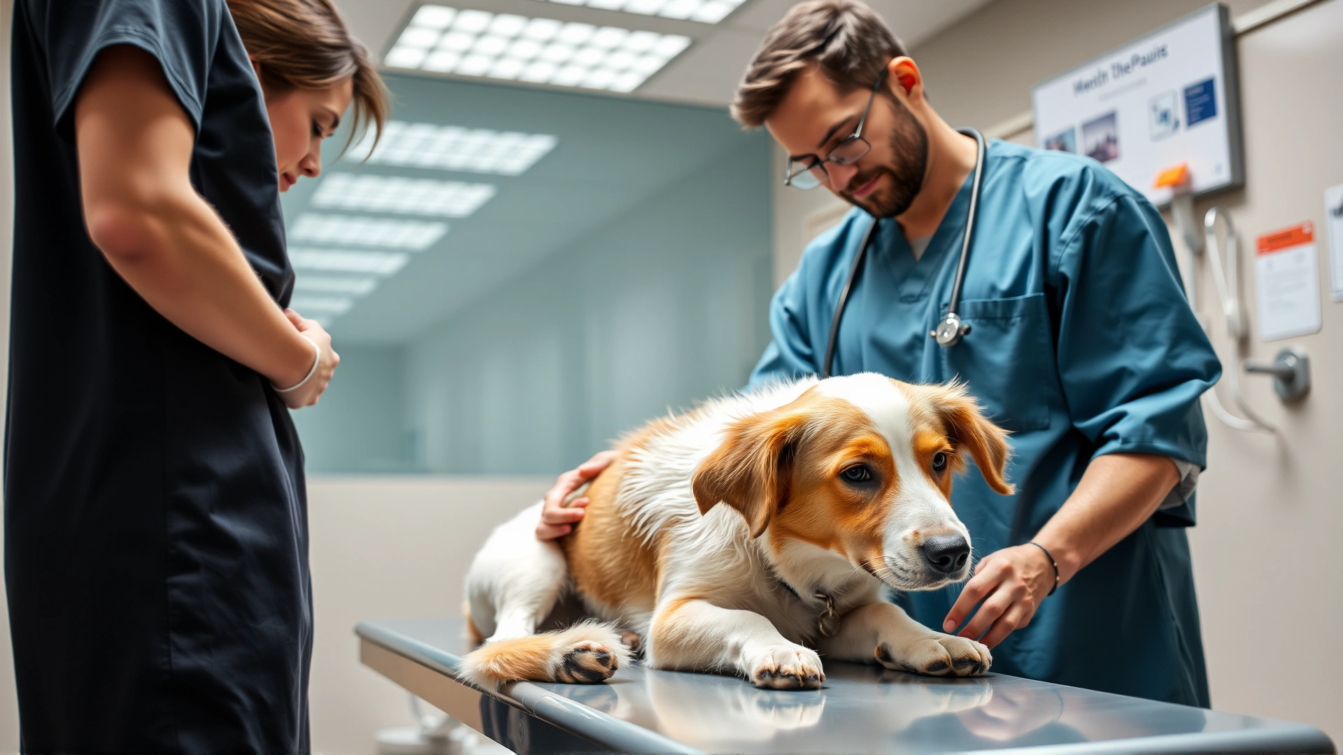 Veterinarian gently examining a medium-sized dog on an exam table inside a modern clinic